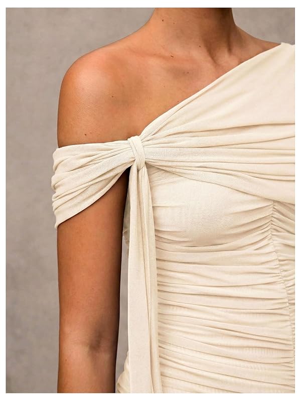 Verdusa Women's Corset Dress Wedding Guest Dresses Statement Holiday Off Shoulder Ruched Mesh Formal Outfits Apricot Small by Verdusa - Used condition - Image 8