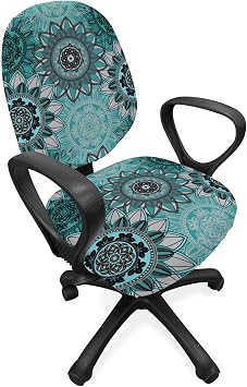 Ambesonne Mandala Office Chair Slipcover, Hippie Oriental Abstract Motifs Traditional Round Spring Inspired Design, Protective Stretch Decorative Fabric Cover, Standard Size, Turquoise Black