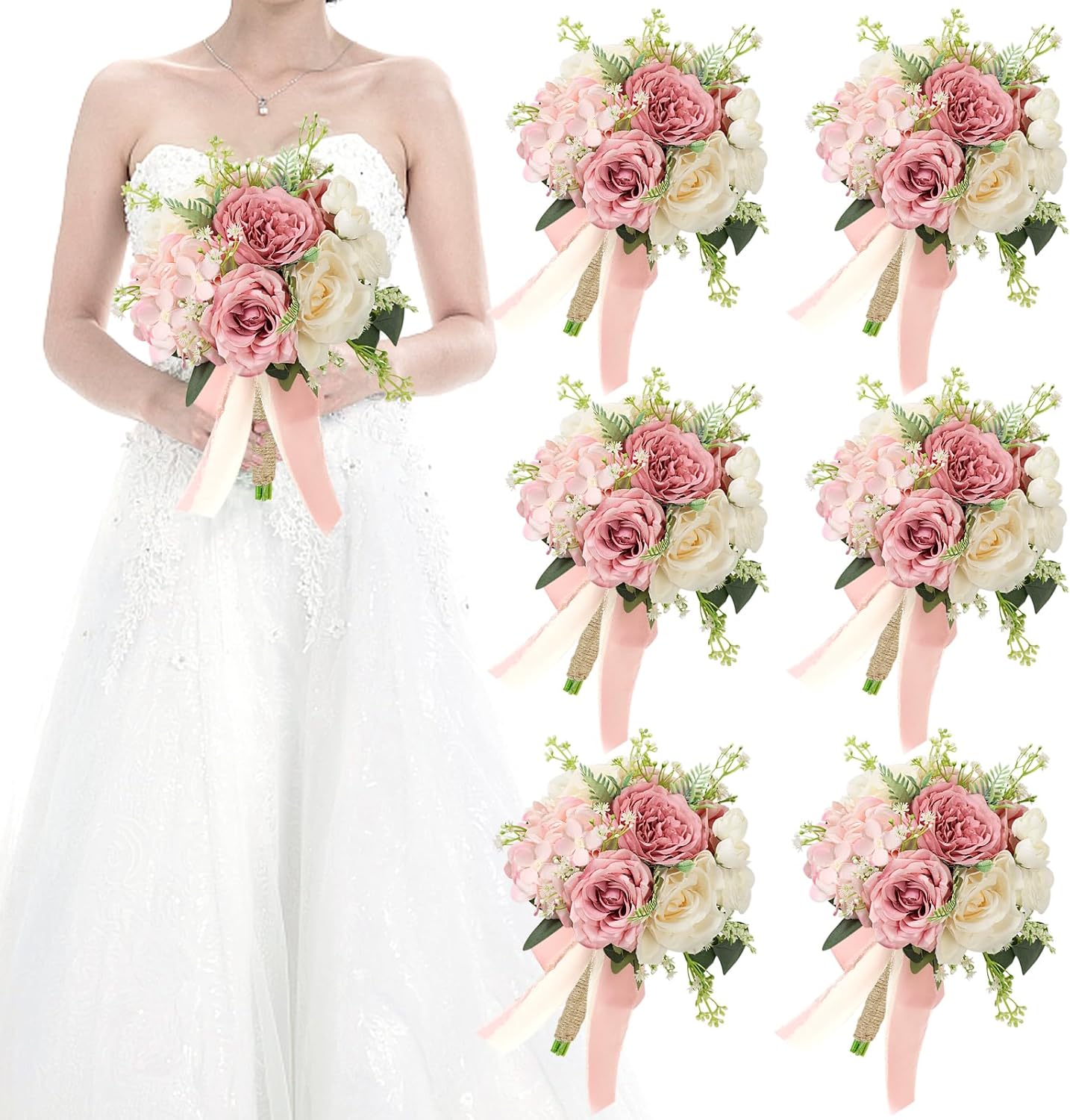 HOMENERGY Set of 6 Wedding Bridesmaid Bouquets - 7 Inch Artificial Flowers Bouquets for Ceremony Anniversary Centerpieces Decorations - Pink & White