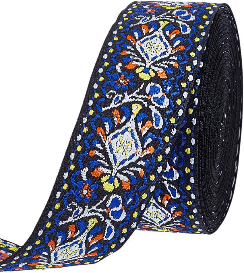 PH PandaHall 10 Yards Floral Embroidered Ribbon, 1.57 Inch Wide Boho Jacquard Fabric Trim Ethnic Style Floral Ribbon for DIY Sewing Handmade Bag Strap Clothing Furniture Decoration, Goldenrod