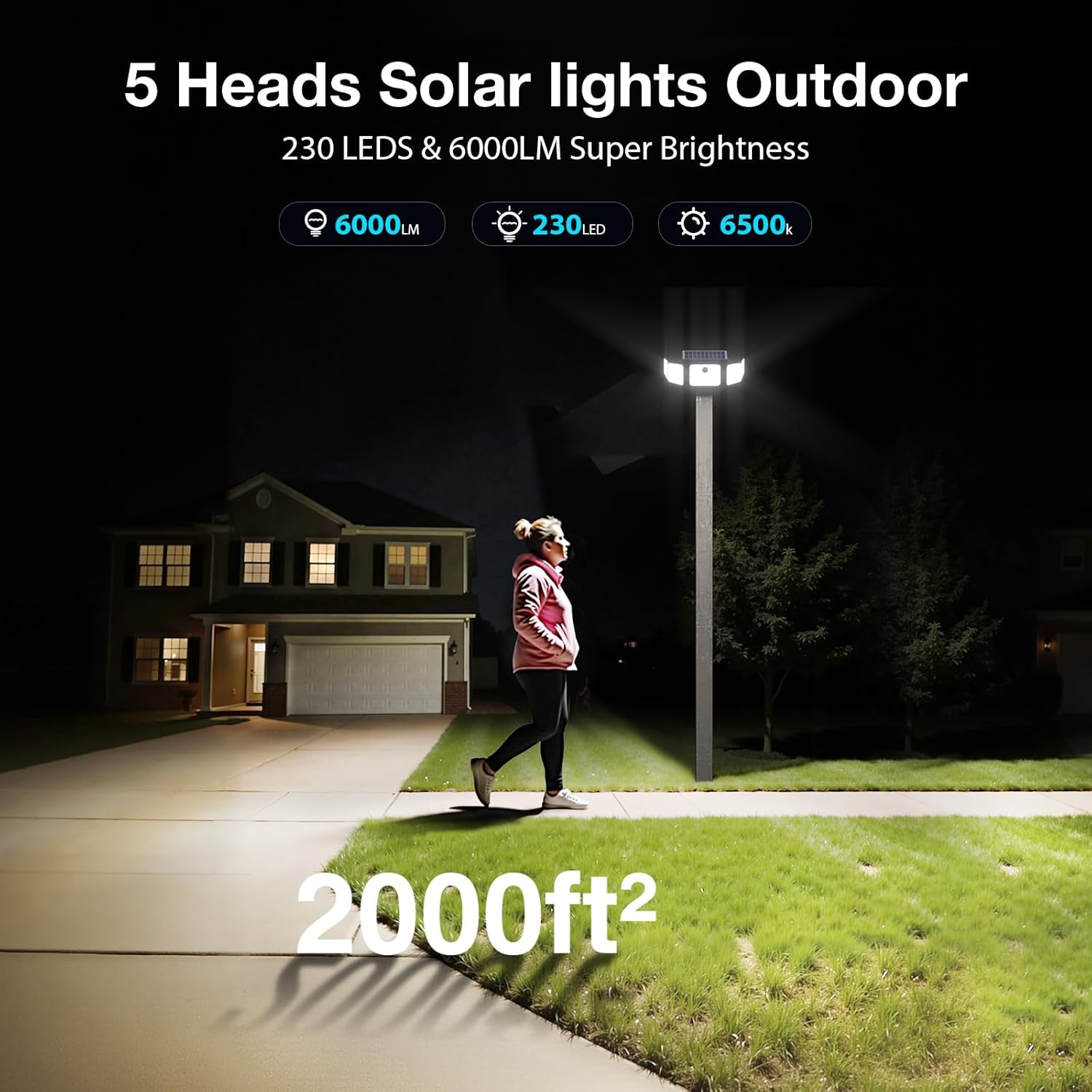 6000LM Solar Lights Outdoor, Solar Flood Lights Outdoor, 230 LED 5 Heads Motion Sensor Lights Waterproof with Remote Control for Outside Yard House Patio 2 Pack