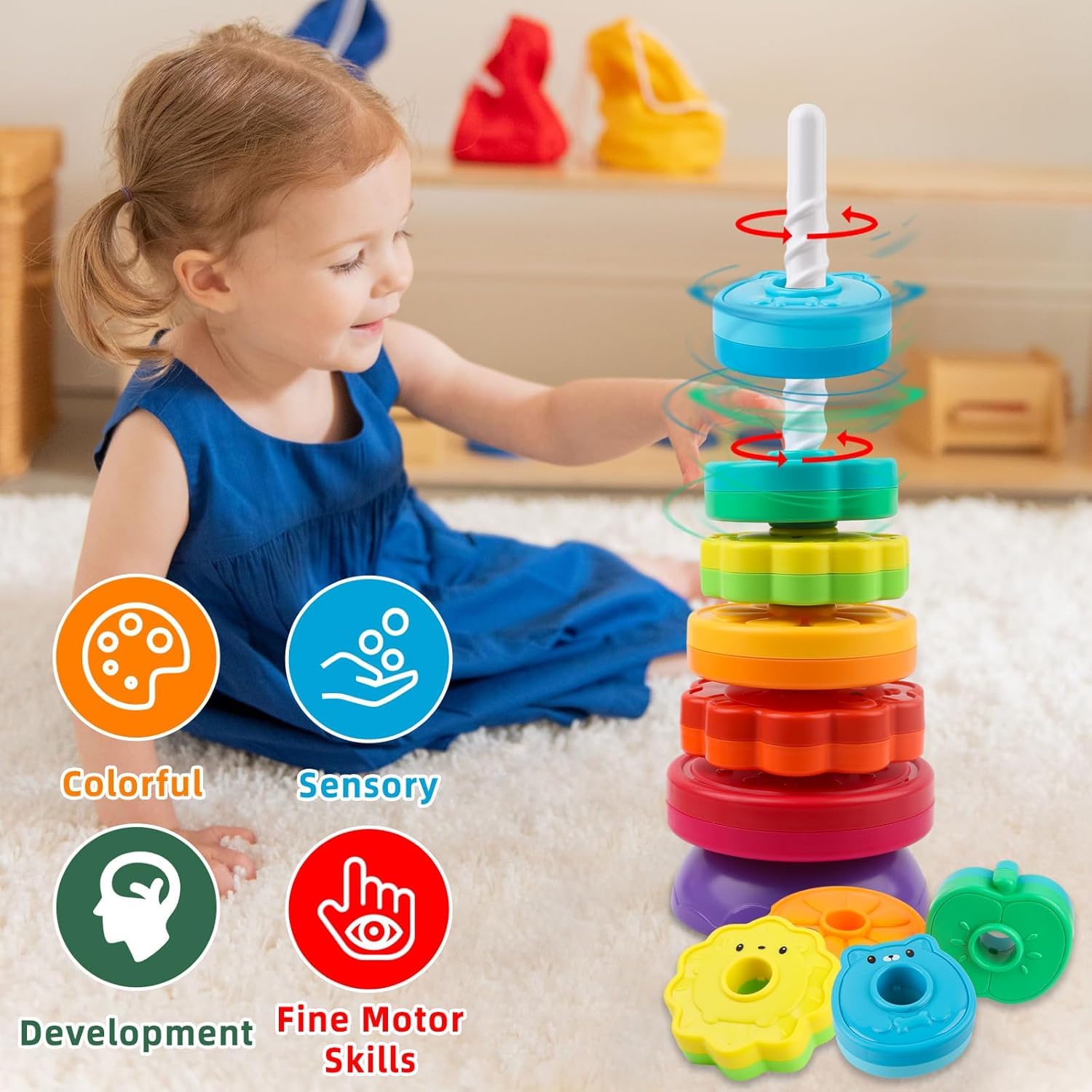 Cable World Baby Spinning Stacking Toys for Toddlers 1-3, Rainbow Ring Stacker Montessori Toys for Babies, 1 2 3 One Year Old Girl Boy Christmas Birthday Gifts, Autism Sensory Learning Toy 2