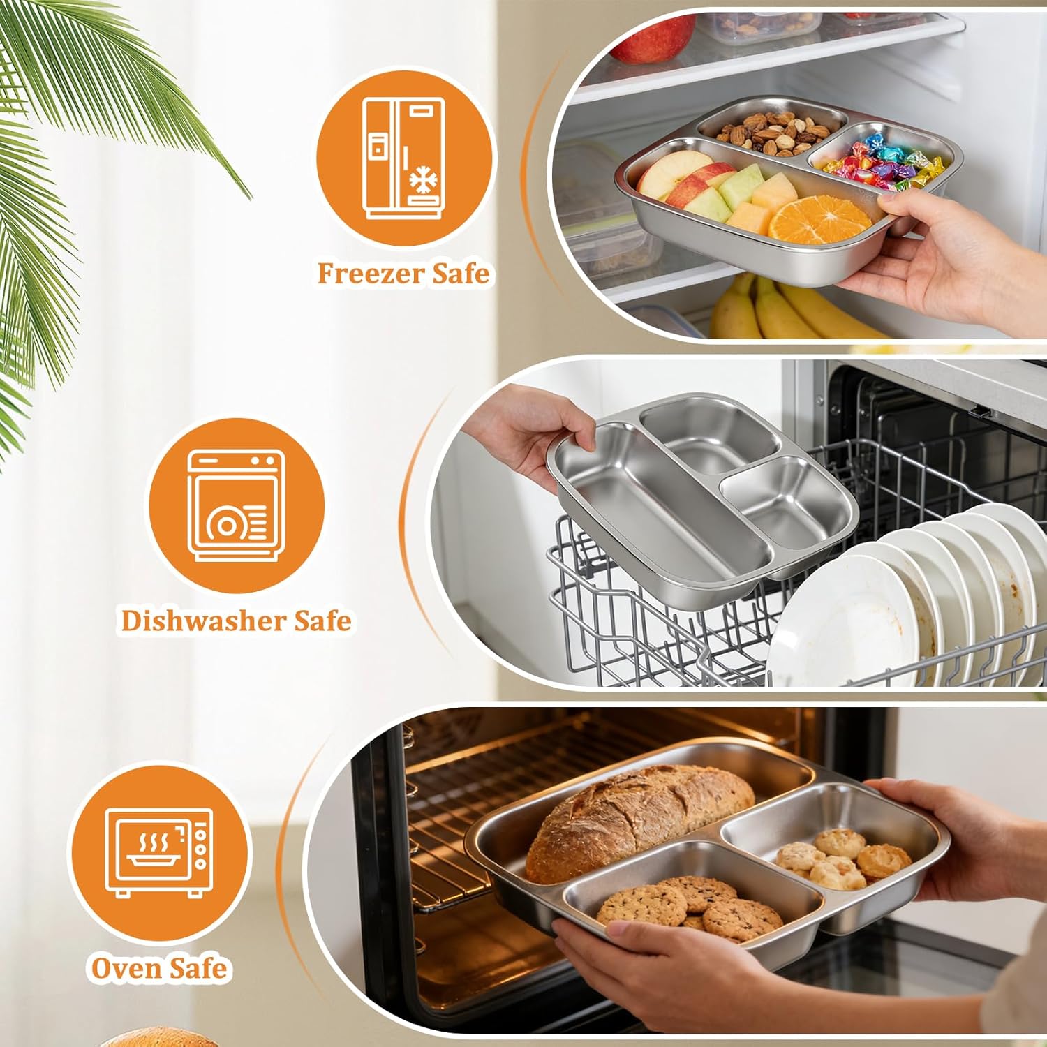 Qtencas 3 Pack Stainless Steel Snack Containers with Lid, Sauce Cups, Utensil Bag & Name Labels, Reusable 3 Compartment Snack Containers Metal Bento Box for Office Home Travel Gym