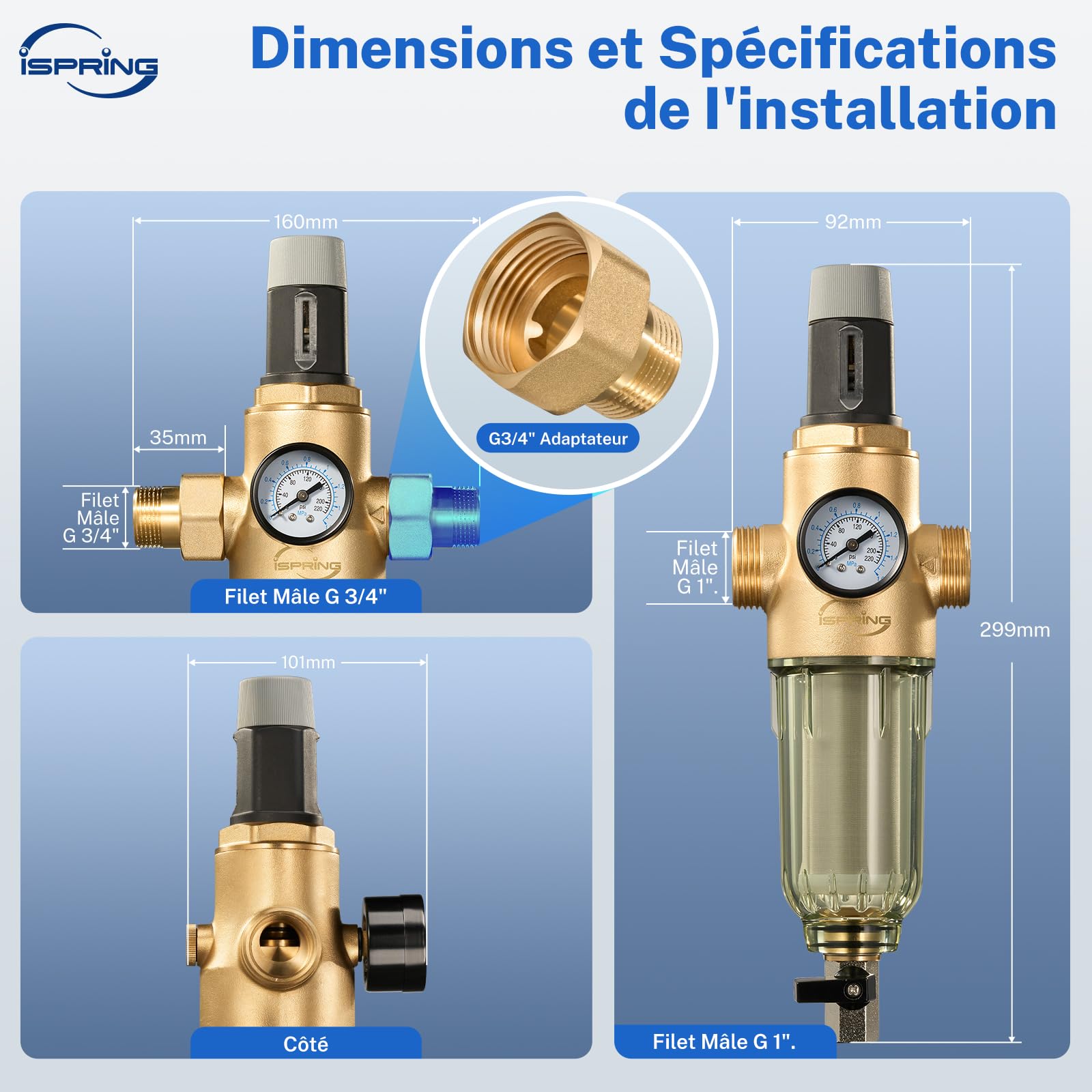 iSpring WSP50PRG Préfiltre à Sédiments 3/4''-1'' avec Régulateur de Pression, Filtre à Eau Réutilisable pour Toute la Maison, Laiton sans Plomb, Préfiltre Rinçable de 50 Microns