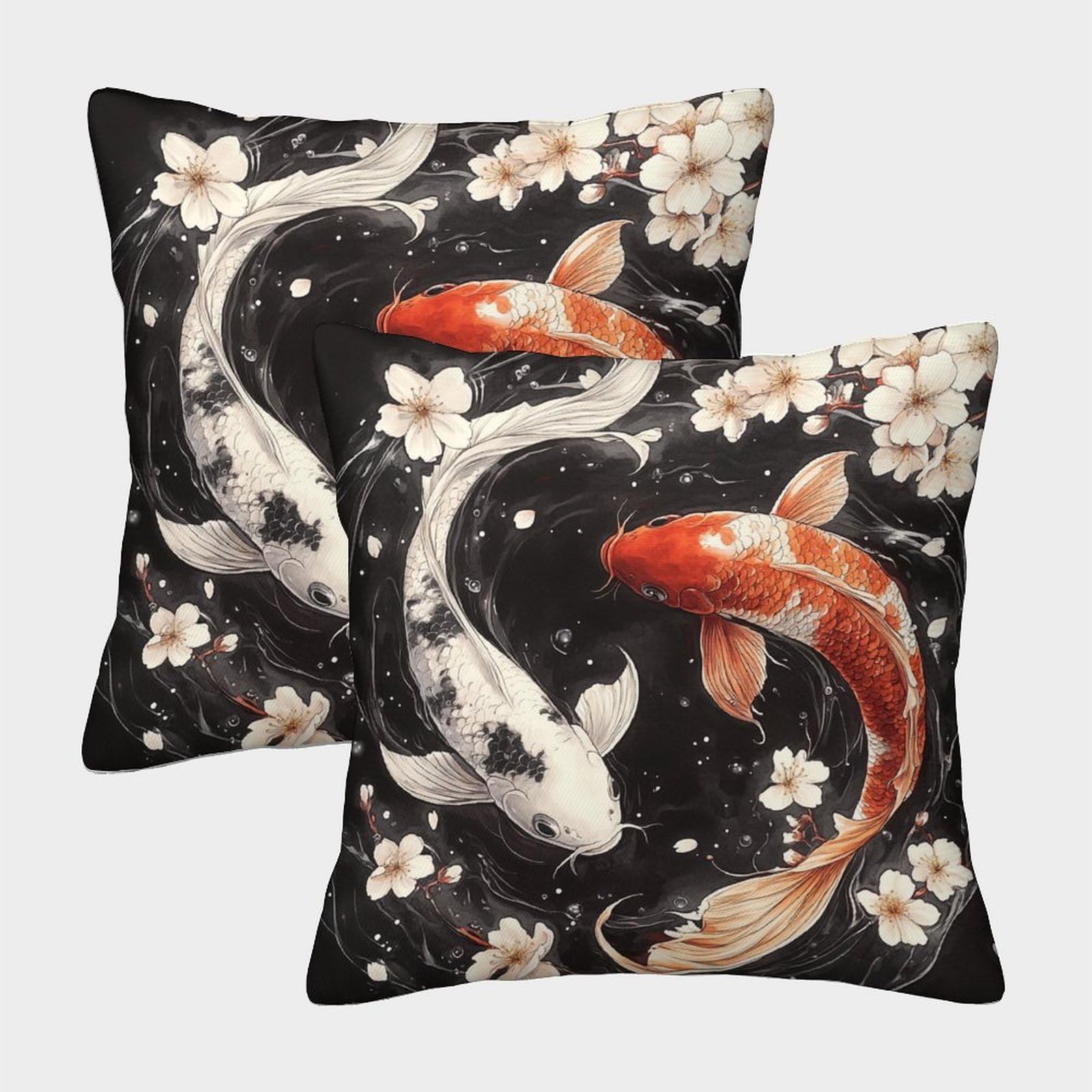 kaiyun 2 Pack Koi,Floating Cherry Blossoms 3D Cushion Cover Pillow Cover Sofa Outdoor Decoration Square 40x40cm