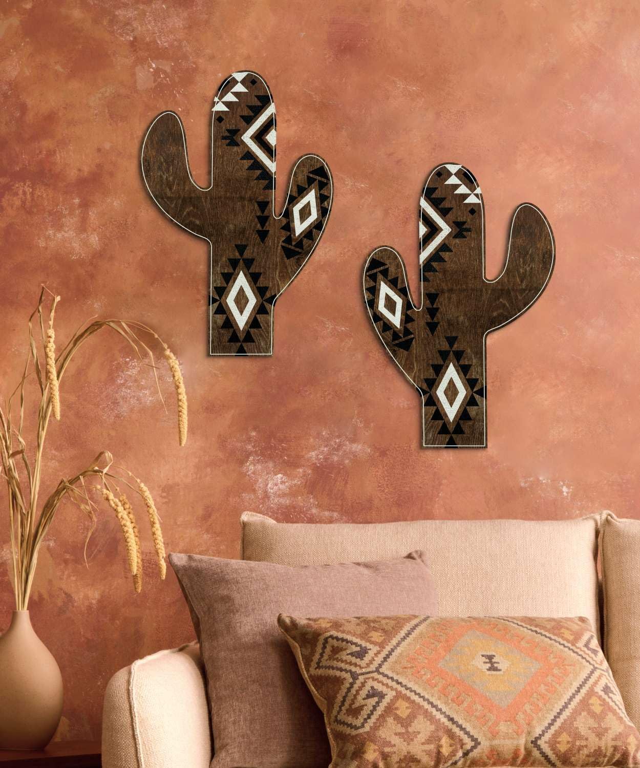 Putuo Decor Aztec Cactus Decor Set of 2, Southwestern Boho Cactus Wall Art, Western Diamond Geometric Pattern Wall Decoration, Black White Tribal Style Hanging for Western Bathroom, Living Room