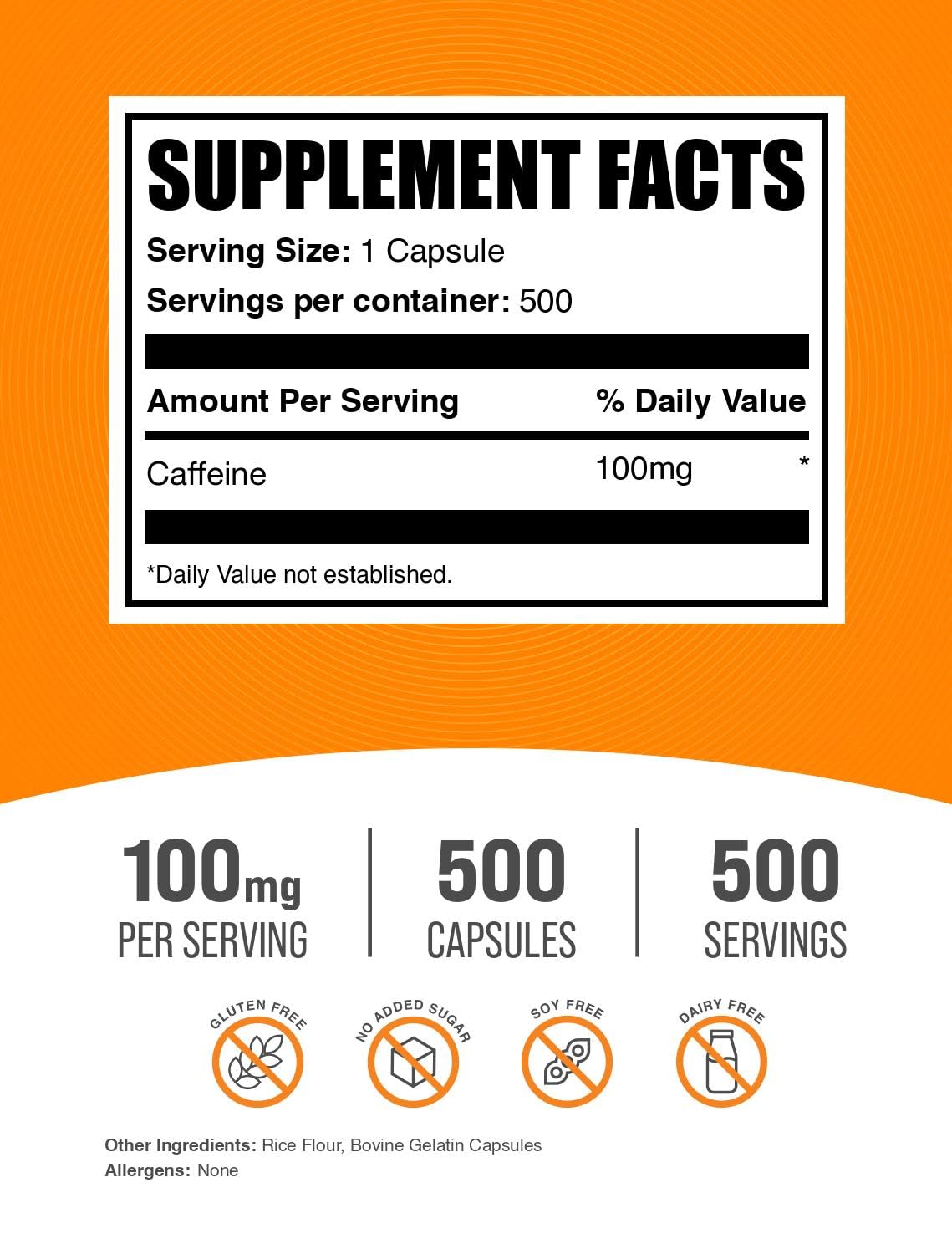 BulkSupplements.com Caffeine 100mg Capsules - Caffeine Pills 100mg, Supplement for Energy Boost - Gluten Free, 1 Capsule per Serving, 500 Count (Pack of 1) — Amazon image 2