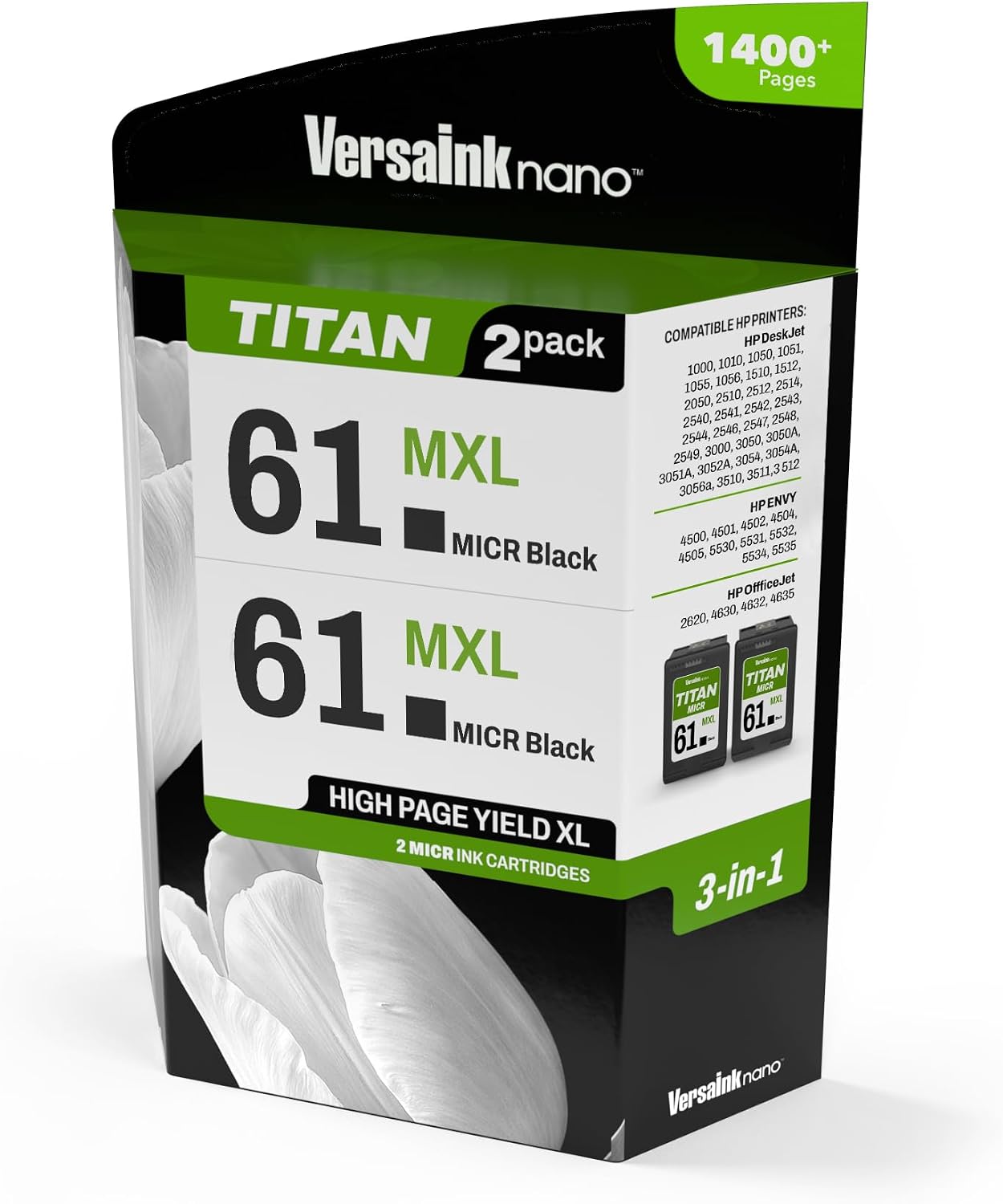 VersaInk-Nano 61 MXL Titan-Magnetic (MICR 3-in-1) Black Ink Cartridge 2-Pack Compatible with 61, Compatible with DESKJET 3510,1010,3050,3050A,3000,1000,2540, Envy 5530,4500, OFFICEJET 4630