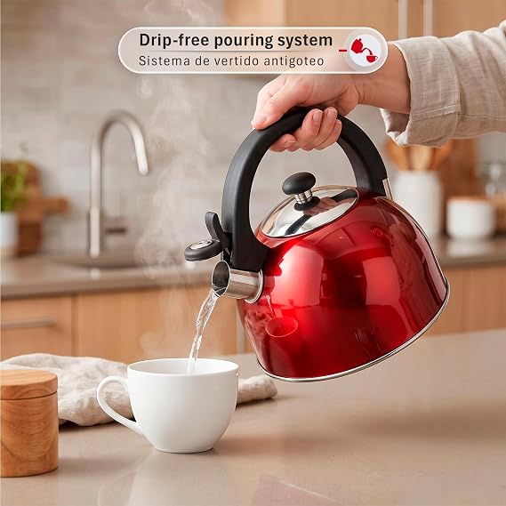 Magefesa Sabal Stainless Steel Whistling Tea Kettle, 2.1 Qt, Drip-Free Pouring Spout, Ergonomic Handle, Removable Lid