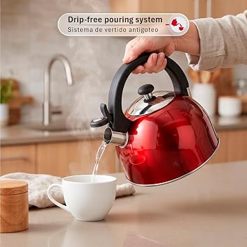Magefesa Sabal Stainless Steel Whistling Tea Kettle, 2.1 Qt, Drip-Free Pouring Spout, Ergonomic Handle, Removable Lid