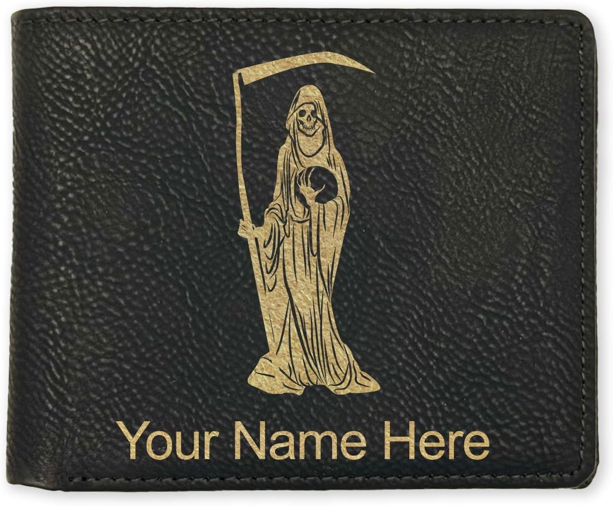 LaserGram Faux Leather Bi-Fold Wallet, Santa Muerte, Personalized Engraving Included (Black with Gold)