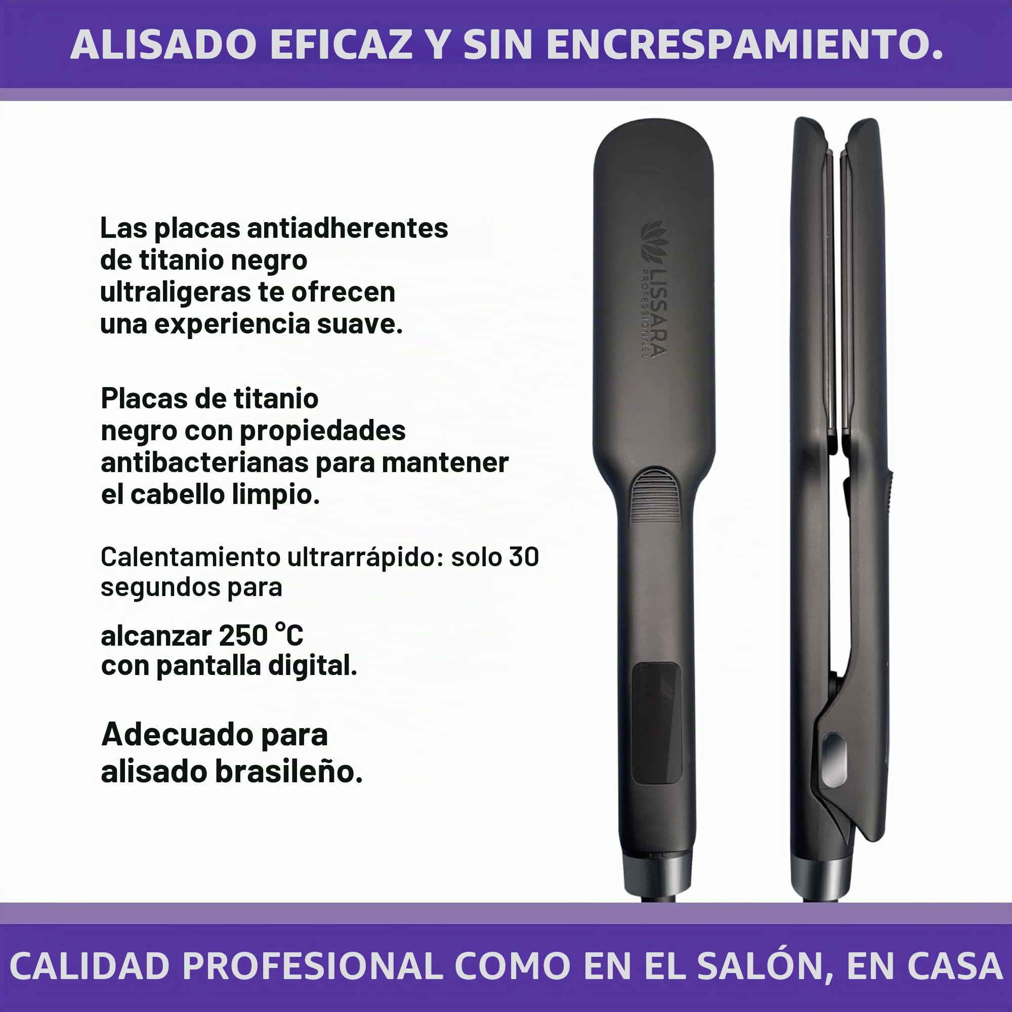 Lissara Wide Evolv - Plancha de pelo profesional - Placas anchas de Nanotitanio y flotantes - Hasta 230 °C - Especial para alisado brasileño - Negra