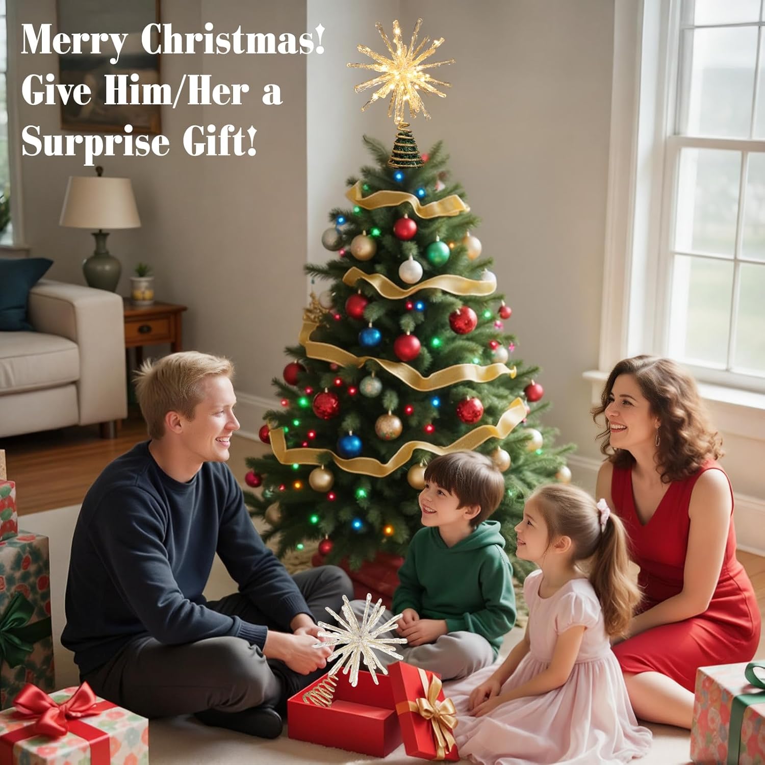 Lewondr Christmas Tree Topper, 10.63'' Glittered Epoxy Sea Urchin Xmas Tree Topper with 30 LED Bulbs, 6 Hrs Timer and 8 Modes USB Remote Control, Christmas Treetop for Home Holiday Decor, Gold