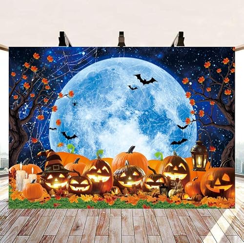 CINRAY Toile de fond d'Halloween pour photographie d'Halloween, pleine lune, lanterne horrible citrouille, feuille d'érable, décoration de fête prénatale, accessoire de photomaton (2,1 x 1,5 m) – vue 3