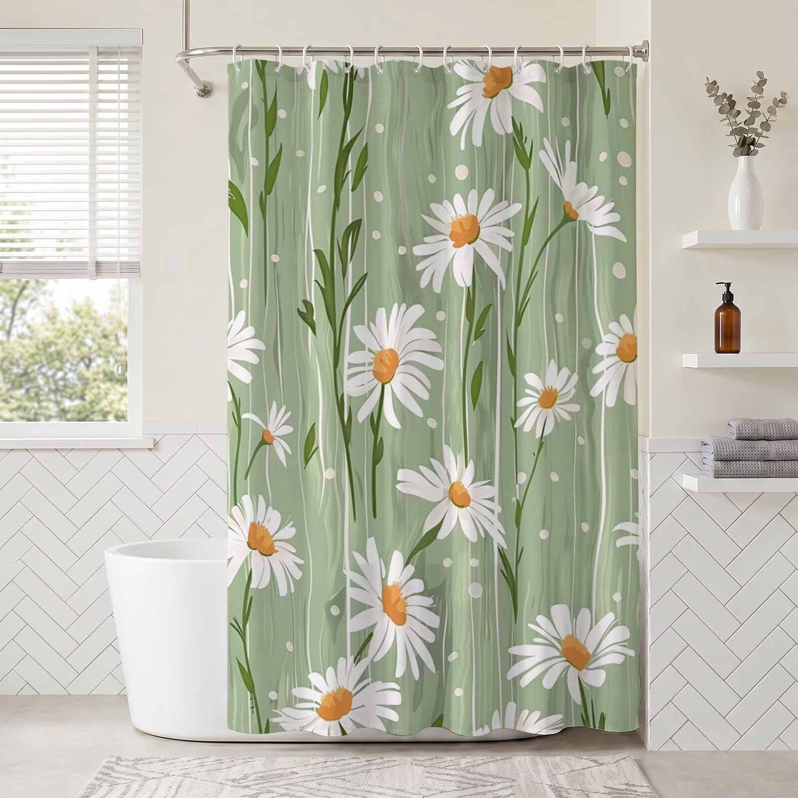 Rideau douche imperméable en tissu polyester lavable anti-moisissure motif Marguerite