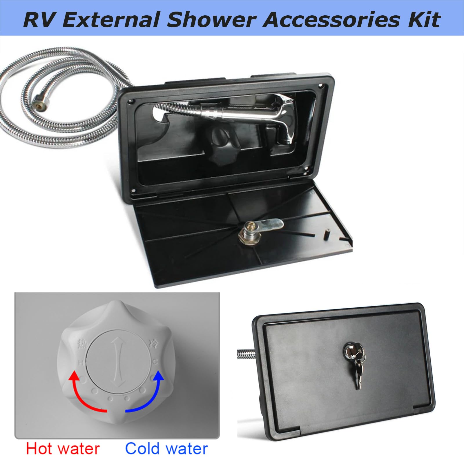 RV Exterior Shower Box Kit Torcarvh Shower Head with Lock with Hose and 2 Keys for Marine Boat RV Motorhome Caravan Camper Accessories (Black)