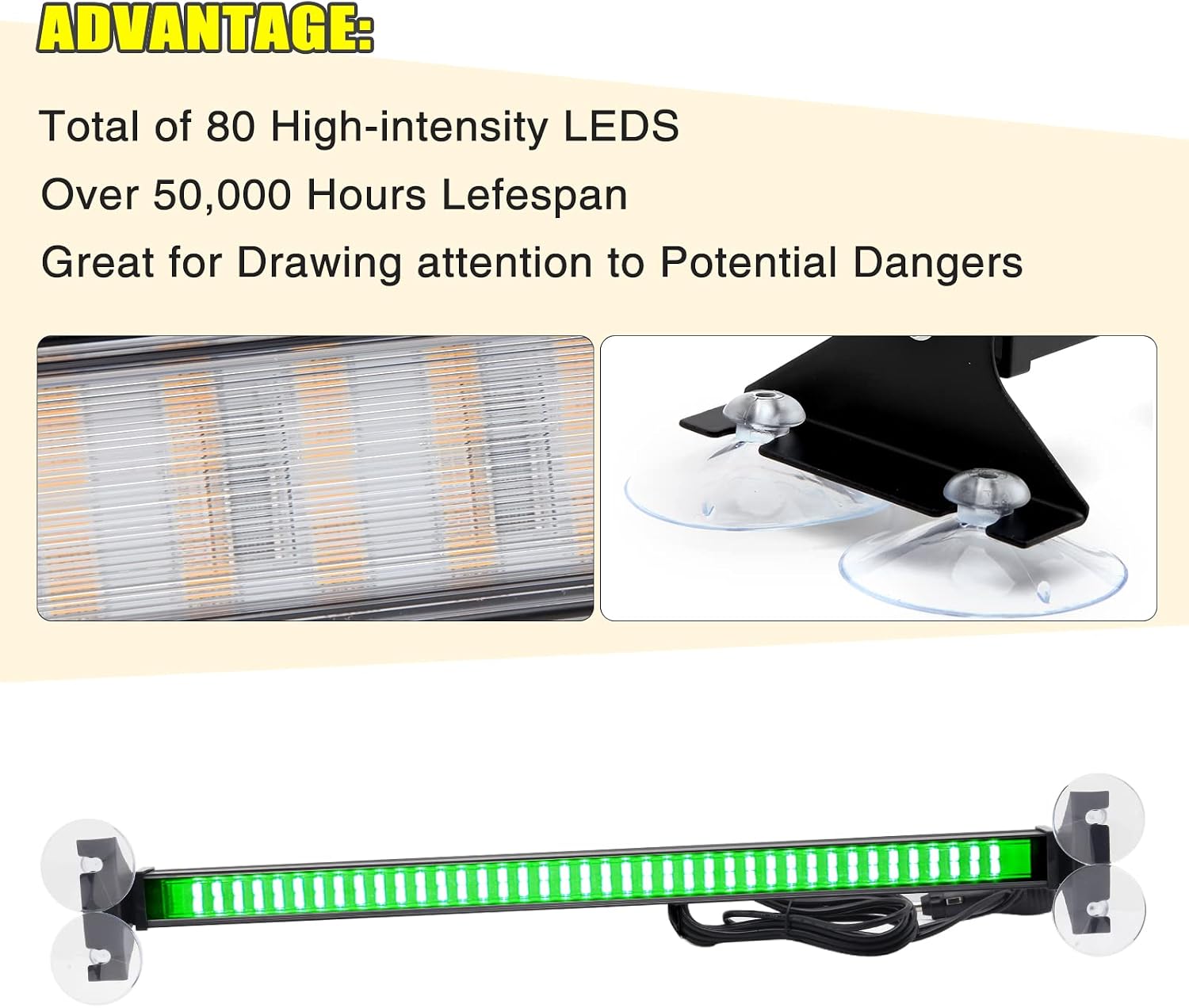 Clidr Emergency Traffic Advisor Strobe Lights 80 Led Strobe Light Bar Safety Hazard Warning Interior Windshield Dash Lights Deck Split Mount for Construction Vehicles Trucks (Green)