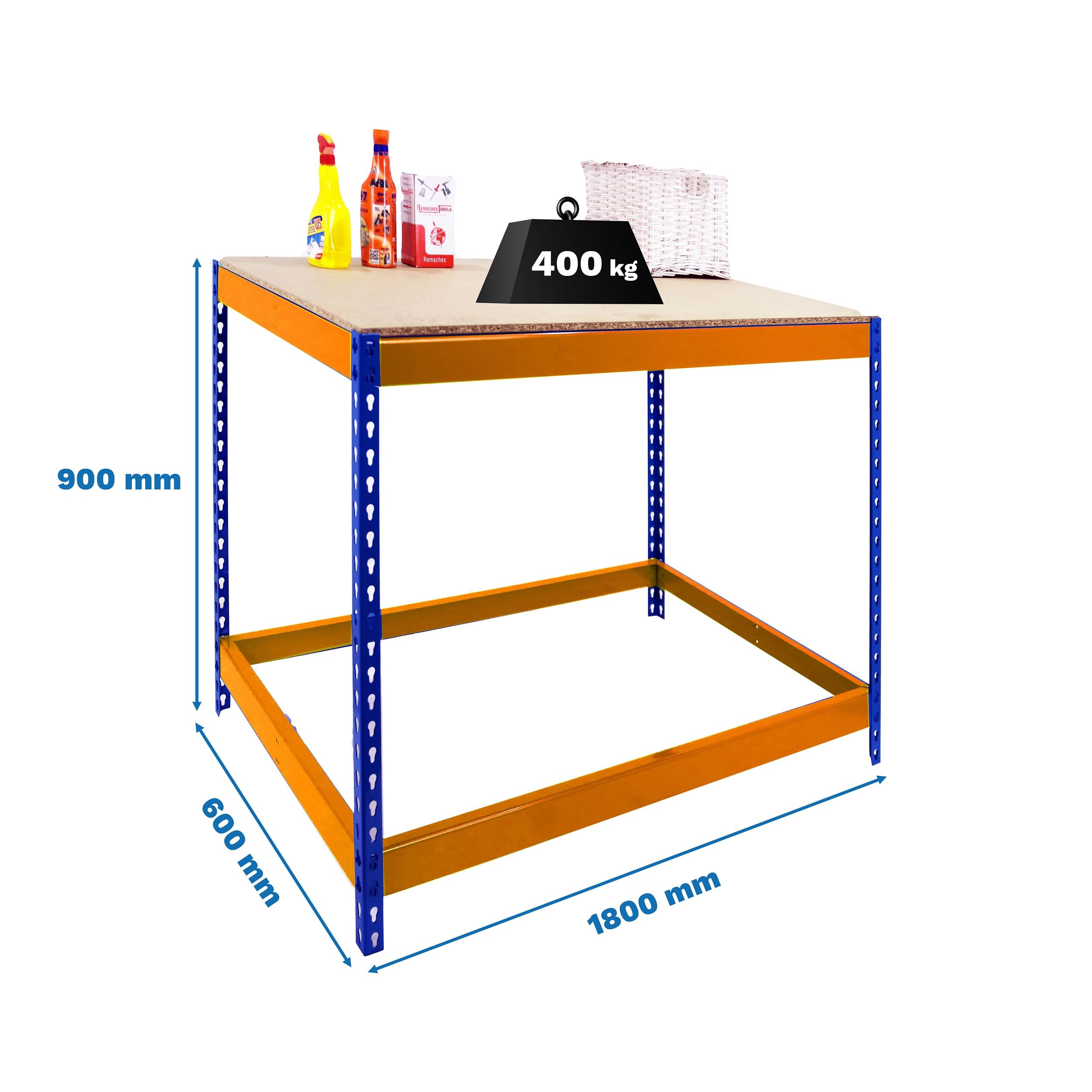 Simon Rack Banco de Trabajo Taller 1800x600 mm - BT Basic | Capacidad Carga 400 kg, Montaje sistema clic, Pintura anticorrosión, Azul/Naranja