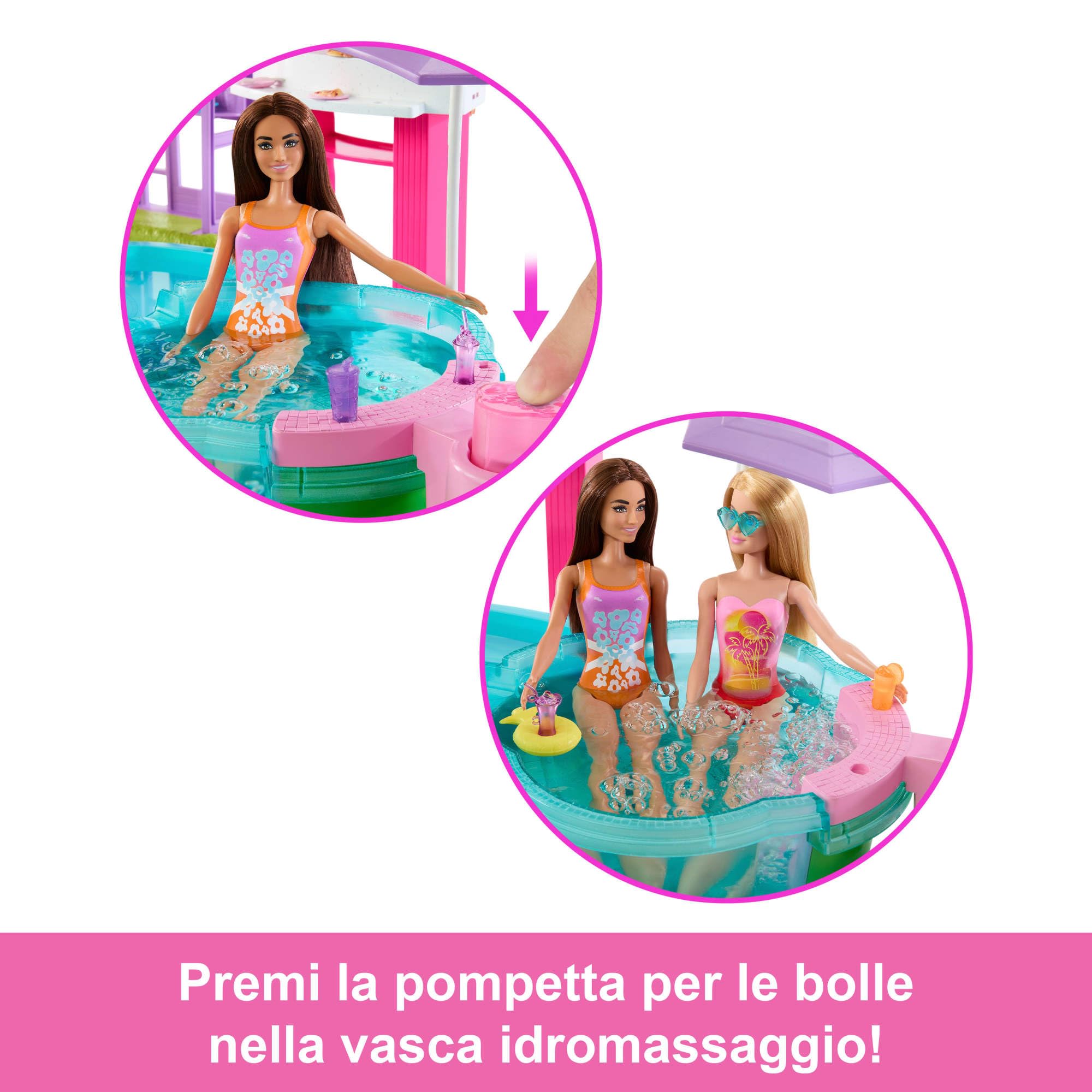 Barbie - Piscina dei Sogni, set con 6 aree di gioco tra cui scivolo e idromassaggio, cuccioli, galleggianti e oltre 20 accessori inclusi, giocattolo per bambini, 3+ anni, JKG83