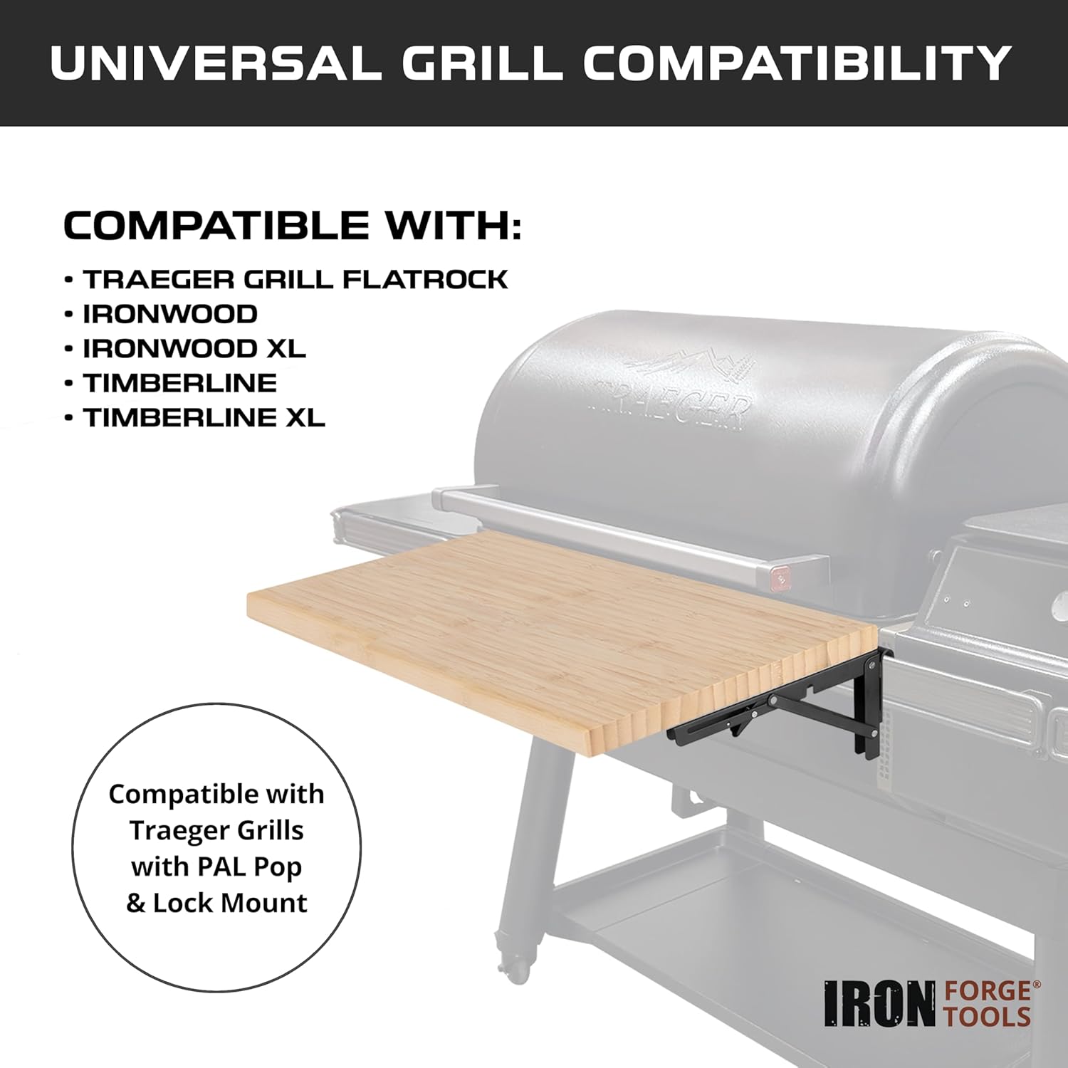 Iron Forge Tools 24x12 Wood Folding Grill Shelf Accessory - Compatible with Traeger Grill Ironwood, Ironwood XL, Timberline, & Timberline XL Models with PAL Pop and Lock Accessories Mount