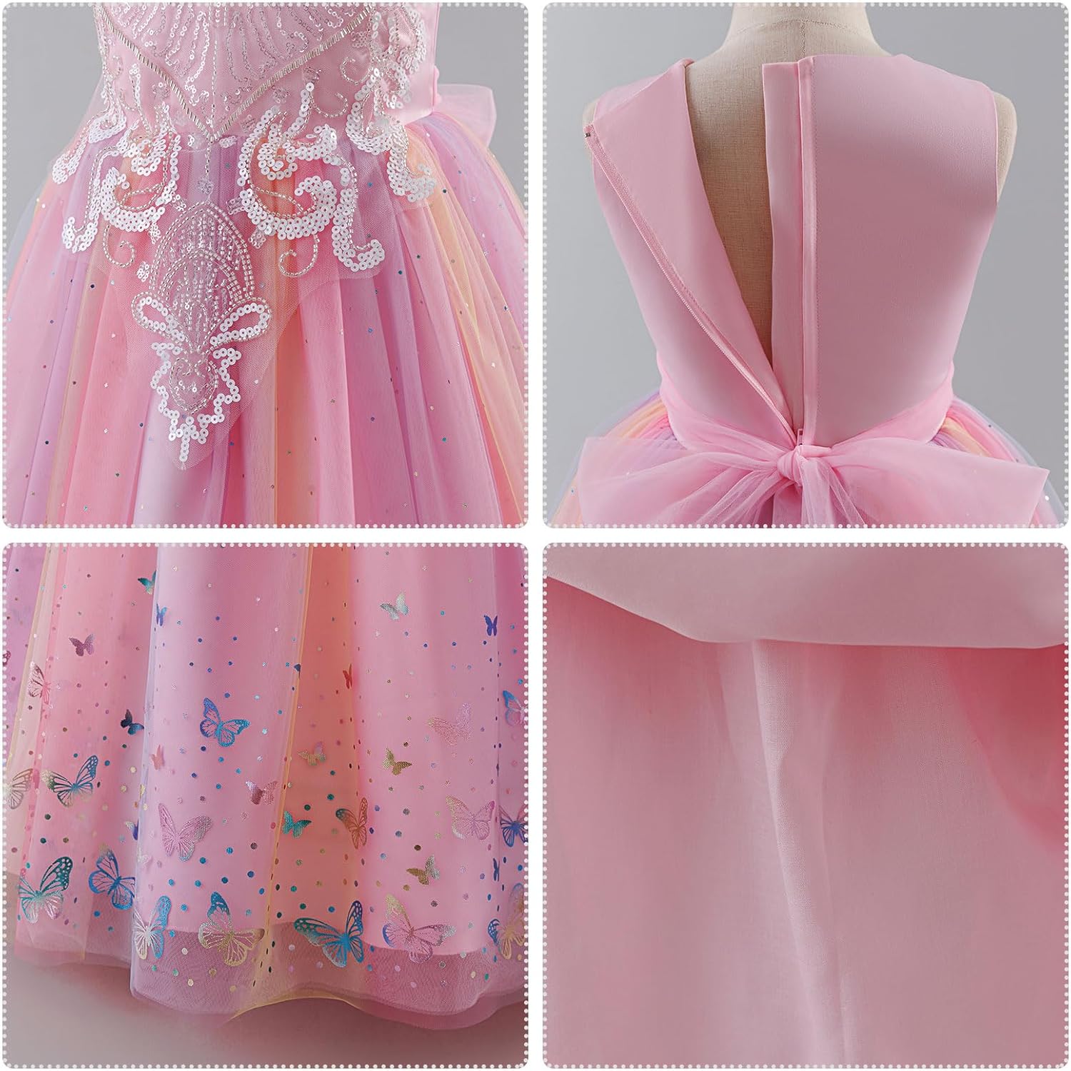 Flower Girl Sparkly Sequins Shiny Butterfly Formal Wedding Tulle Dress Junior Pageant First Communion Easter Ball Gown