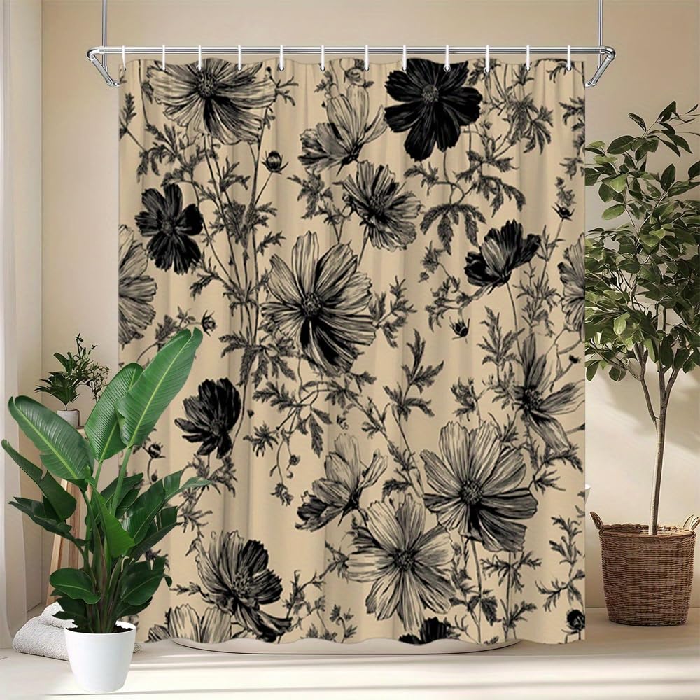 GLWDMB 1 Piece 180x220CM Vintage Floral Printed Shower Curtain With Hook, Polyester, for Windows And Walls, Bathtub, Bathroom, Machine Washable, All Season Universal