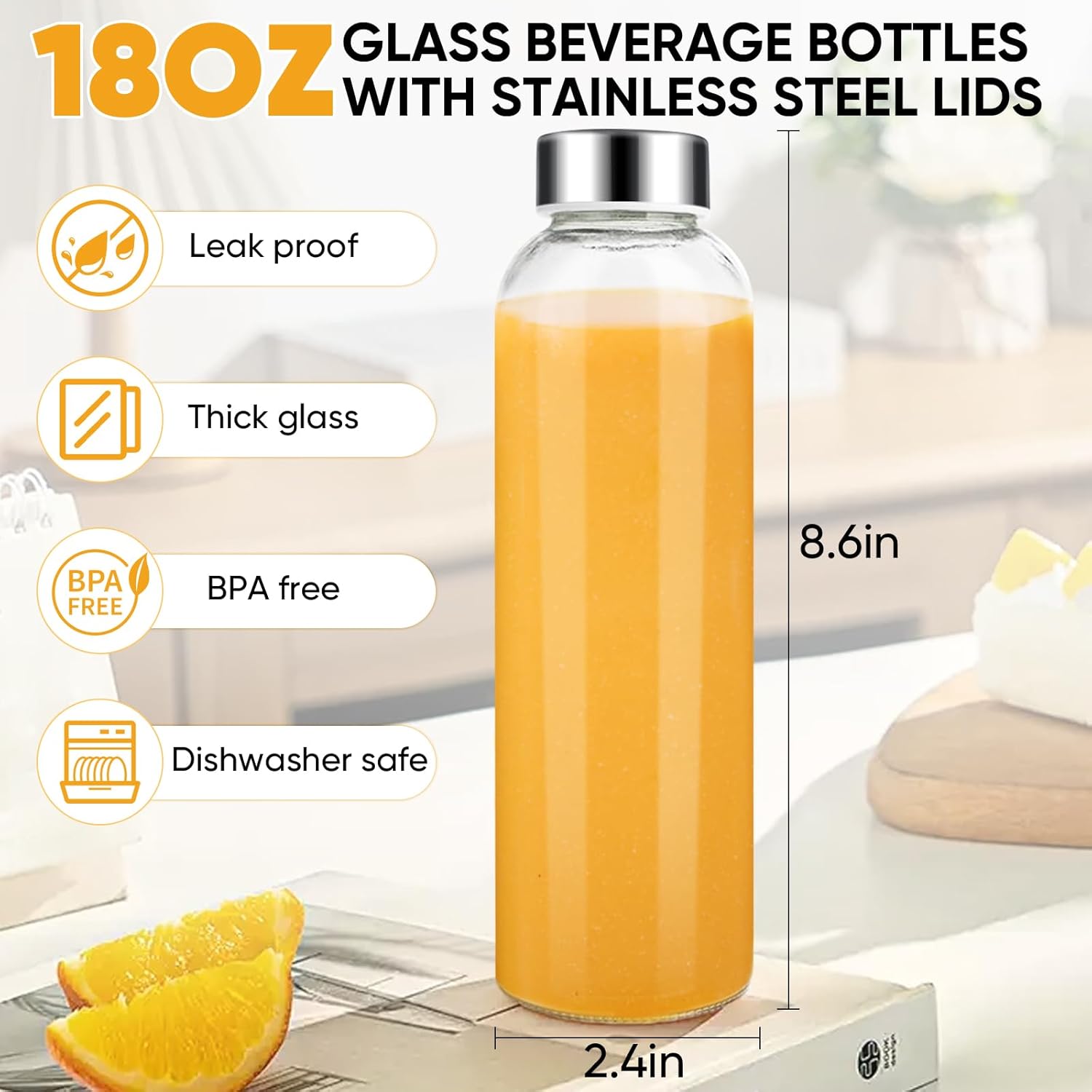 PROBTTL 18 oz Glass Juice Bottles with Lids – Refillable Clear Glass Water Bottles with Stainless Steel Airtight Caps, Dishwasher Safe, Reusable Drinking Juice Containers (6-Pack, No Sleeves) - Image 2
