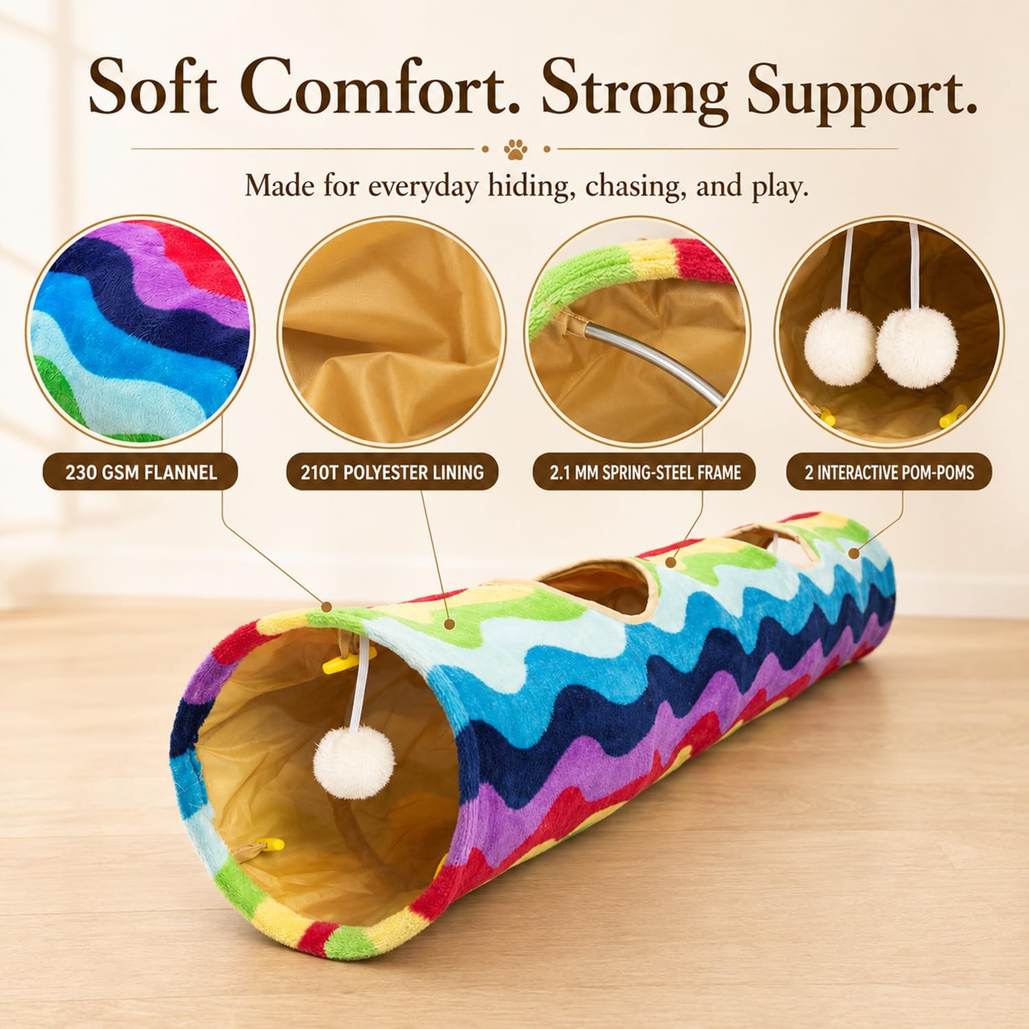 Tubo de túnel plegable con bolas de felpa, para mascotas pequeñas, conejos, gatitos, hurones, cachorros y perros, color arcoíris