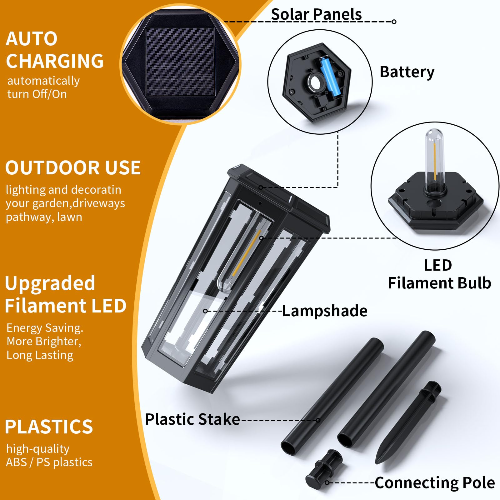 6 Stück Solar-Wegleuchten für den Außenbereich, helle LED-Glühfaden-Solar-Gartenleuchten, IP65 wasserdicht, solarbetriebene Außenlandschaftsbeleuchtung