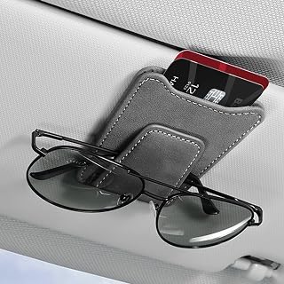 Car Sunglasses Holder - Visor Clip Style & Magnetic Plush Leather Construction Doubles as Credit Card & Fuel Card Box with Storage Pocket &Holds Sunglasses