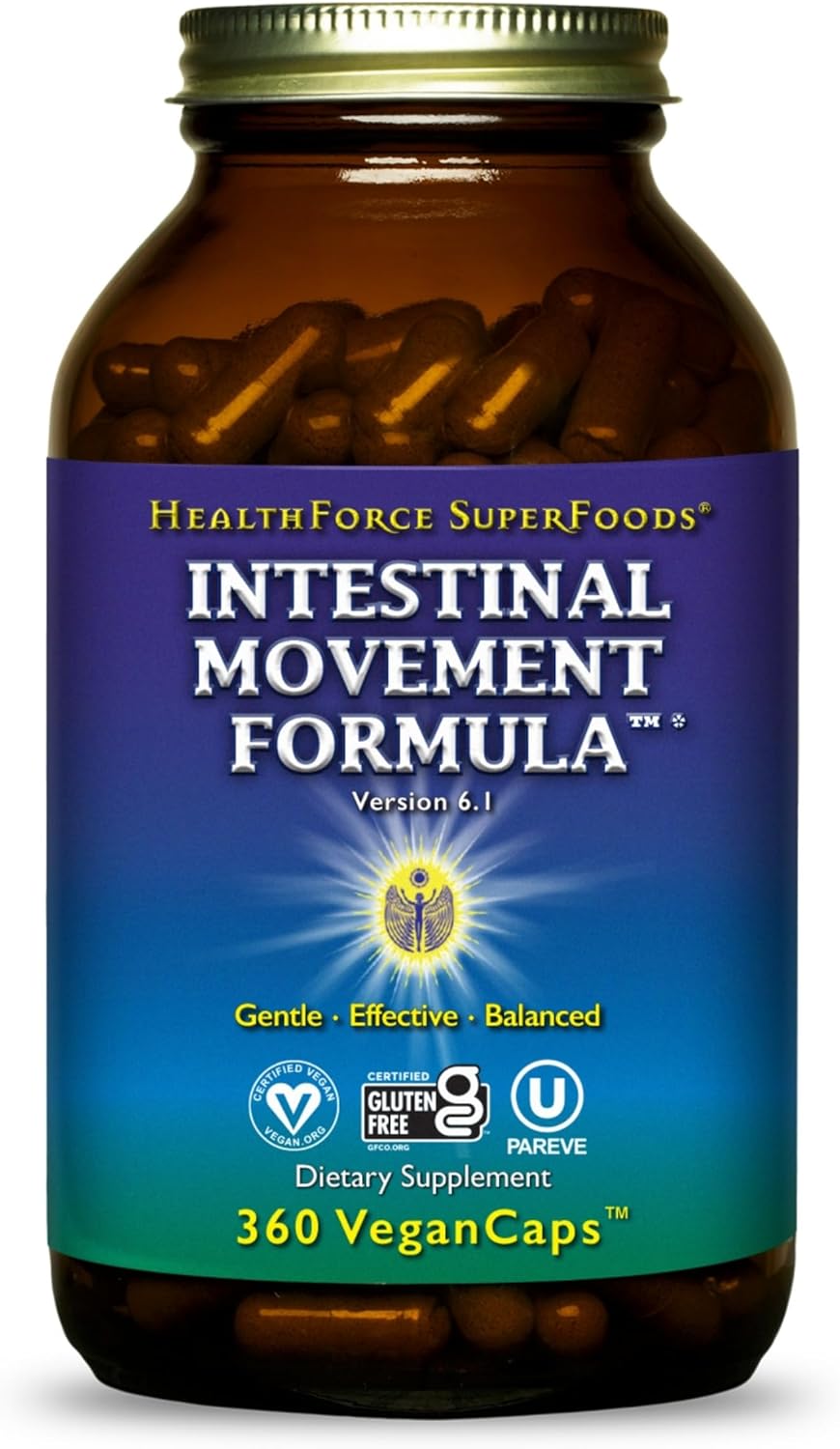 HealthForce SuperFoods Intestinal Movement Formula - Natural Laxative Supports Bowel Regularity - All-Natural Digestion Supplement to Support Constipation - Gluten-Free & Vegan - 360 Caps