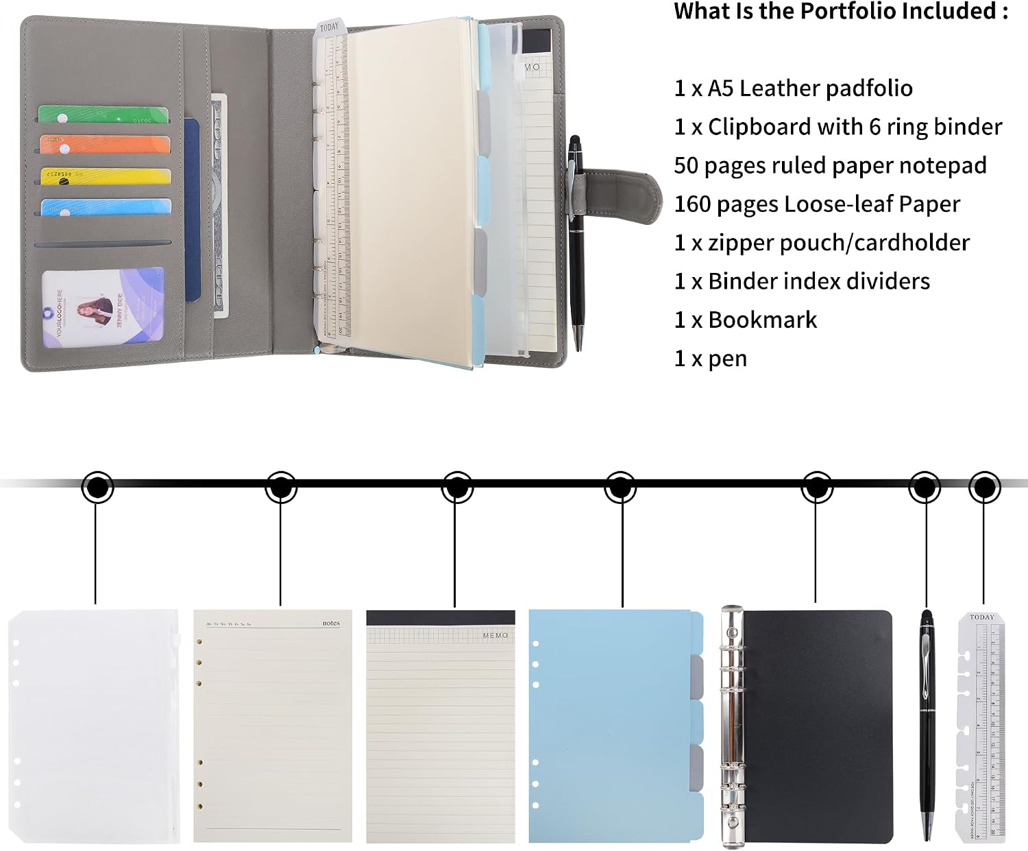 Wason A5 Binder PU Leather Journal Ring Portfolio Lined Notebook Refillable Paper Diary with Removable Clipboard Writing Notepad for Travel Business School Agenda Organizer (Grey) image 3