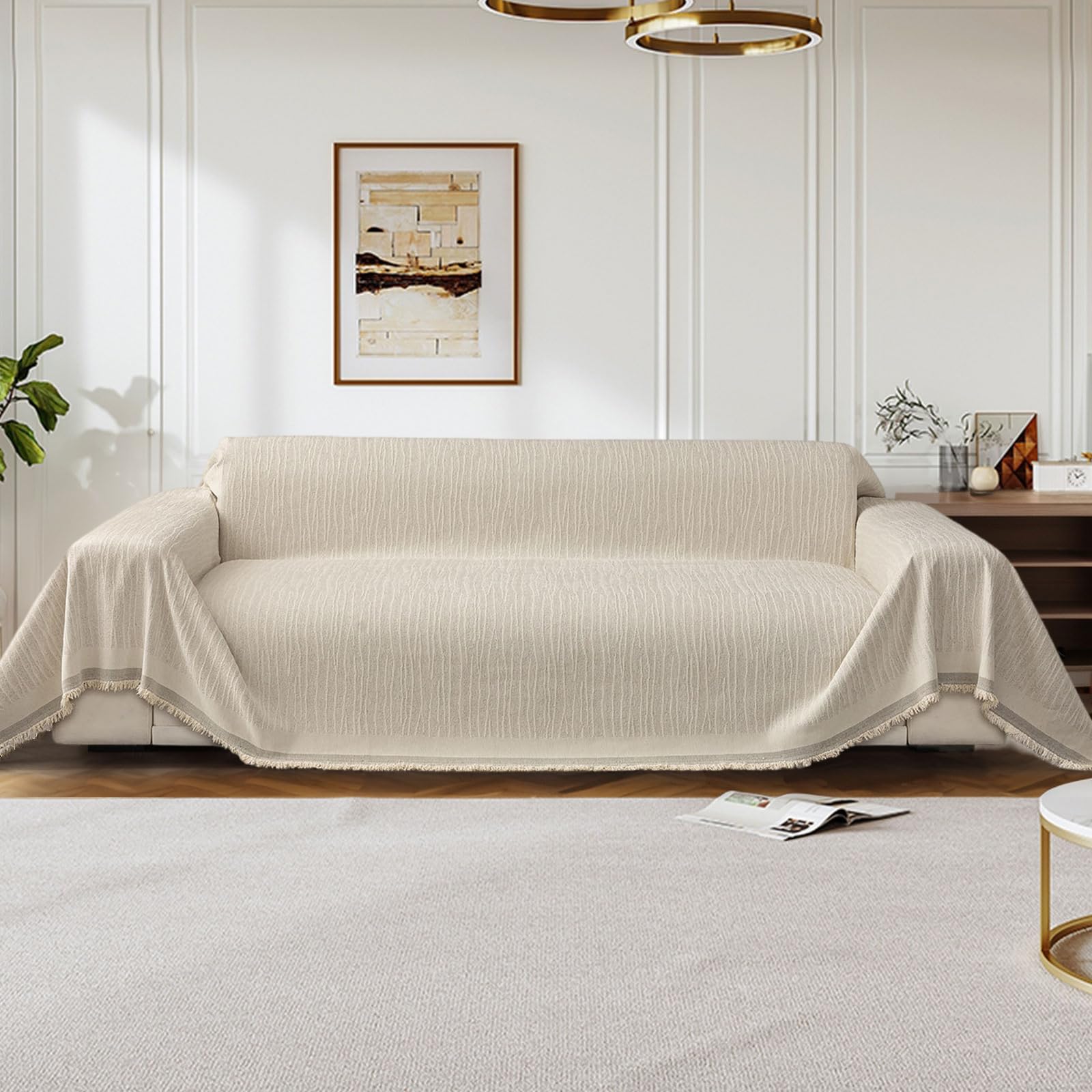 LiveGo Chenille Sofa Cover for 3 Seater, Soft Non-Slip Slipcover with Tassel, All-Season Washable Couch Protector for Dogs, Decorative Futon & L Shaped Sofa Cover (Off White, 180×340 cm)