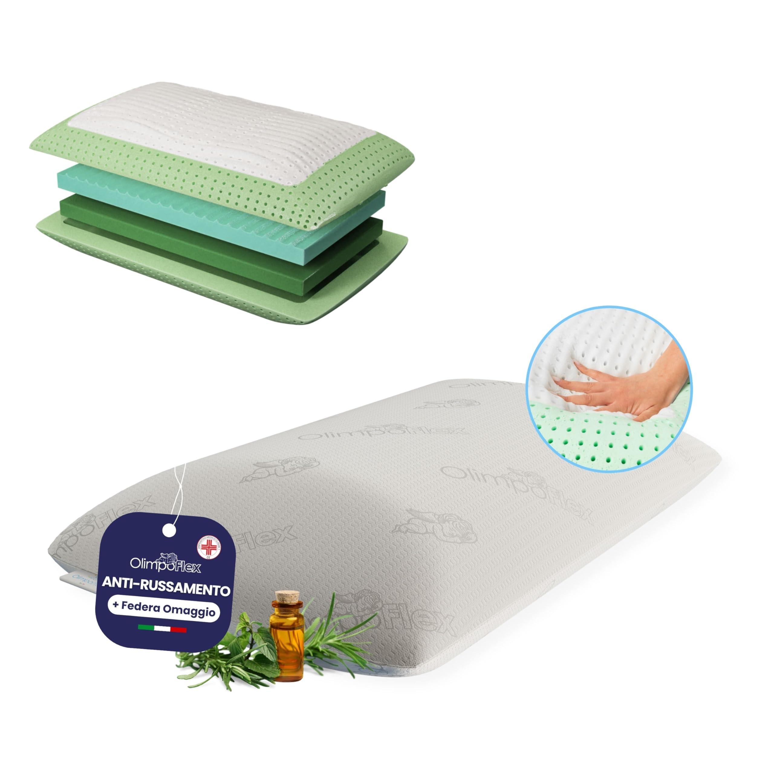 OlimpoFLEX Apollo | Cuscino in Bio Memory Foam e Oli Essenziali Ortopedico Effetto Antirussamento da Letto 72x42cm Guanciale Ergonomico con Federe in Omaggio – Made in Italy 100%