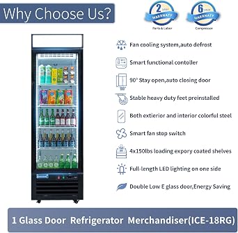 ICECASA 24 W Merchandiser Commercial Display Refrigerator Single Glass Door Reach-in 18 Cu.ft Display Refrigerator Fan Cooling for Restuarant, Bar, Shop, etc