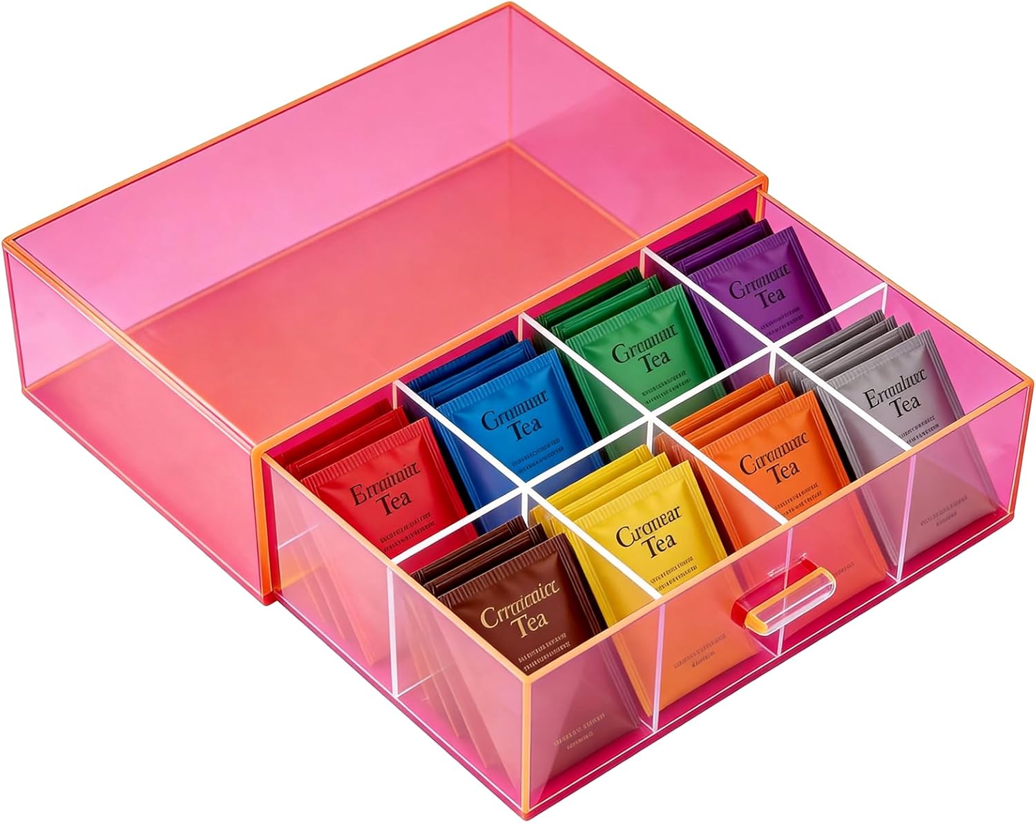 Acrylic Tea Bag Organizer and Storage Box Stackable Tea Bag Holder with Drawer for Countertop, Neon Pink