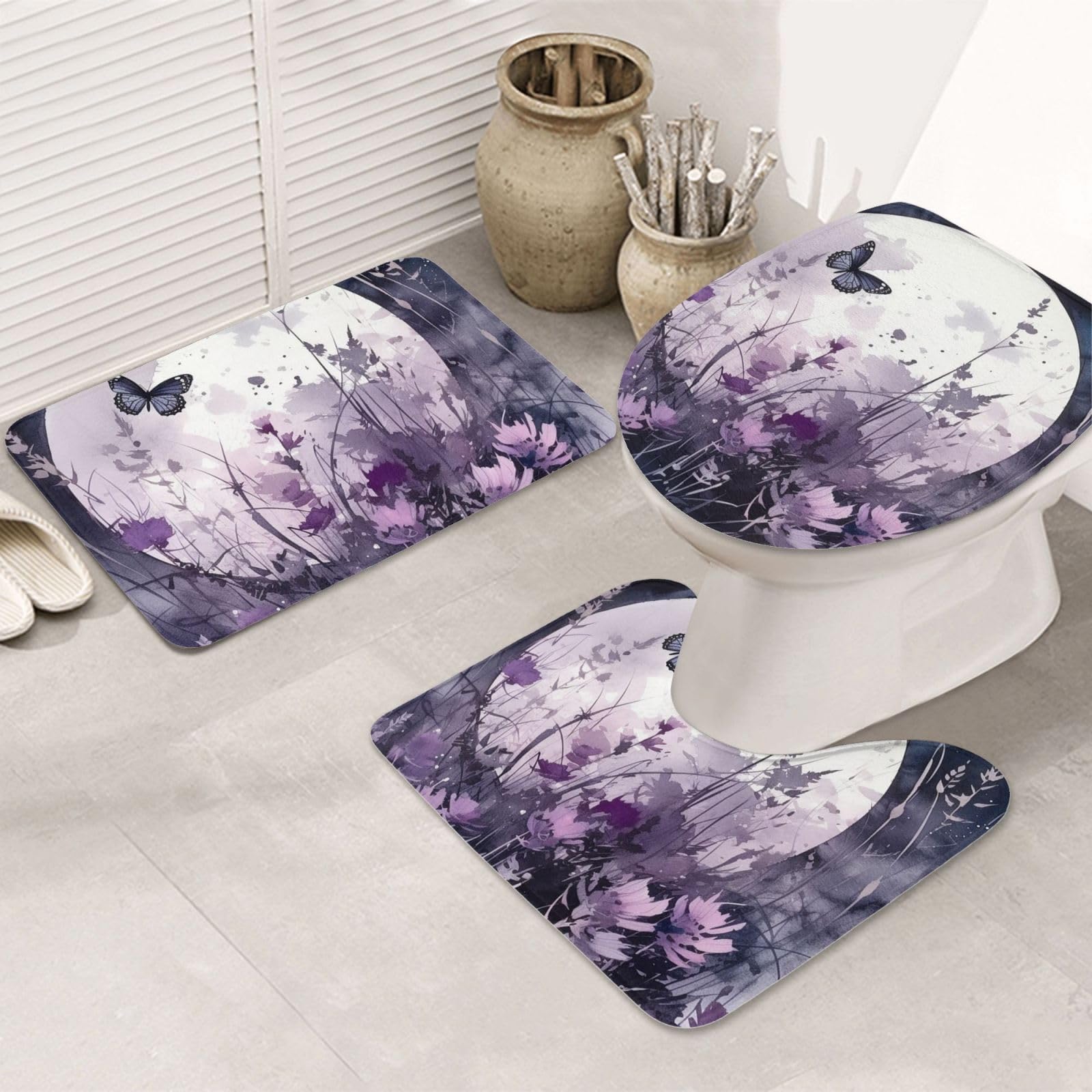 Tapis de salle de bain super absorbant et antidérapant lot de 3 aquarelle lune