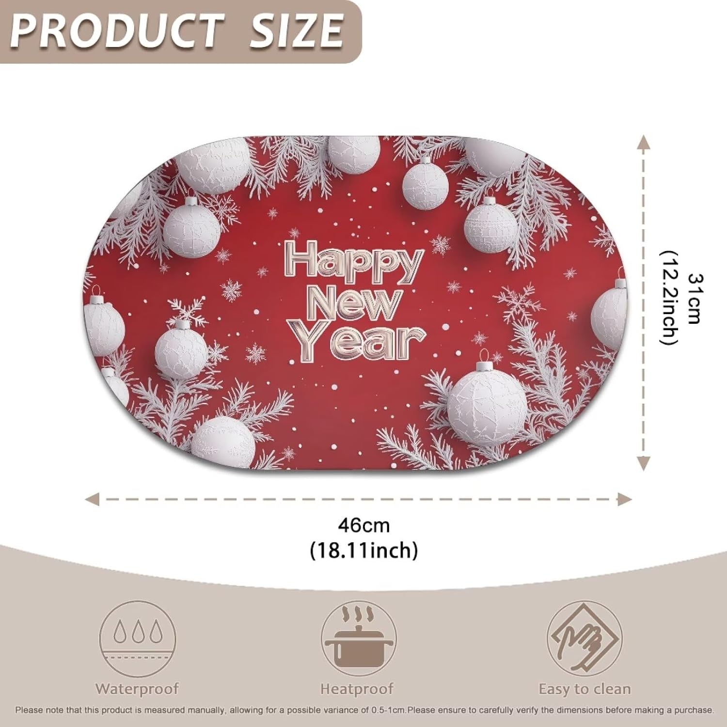 ZOUTAIRONG 2025 Happy New Year Oval Placemats Set of 4 Place Mats for Dining Tables Non-Slip Leather Placemats Wipeable Heat-Resistant Kitchen Table Place Mats Red