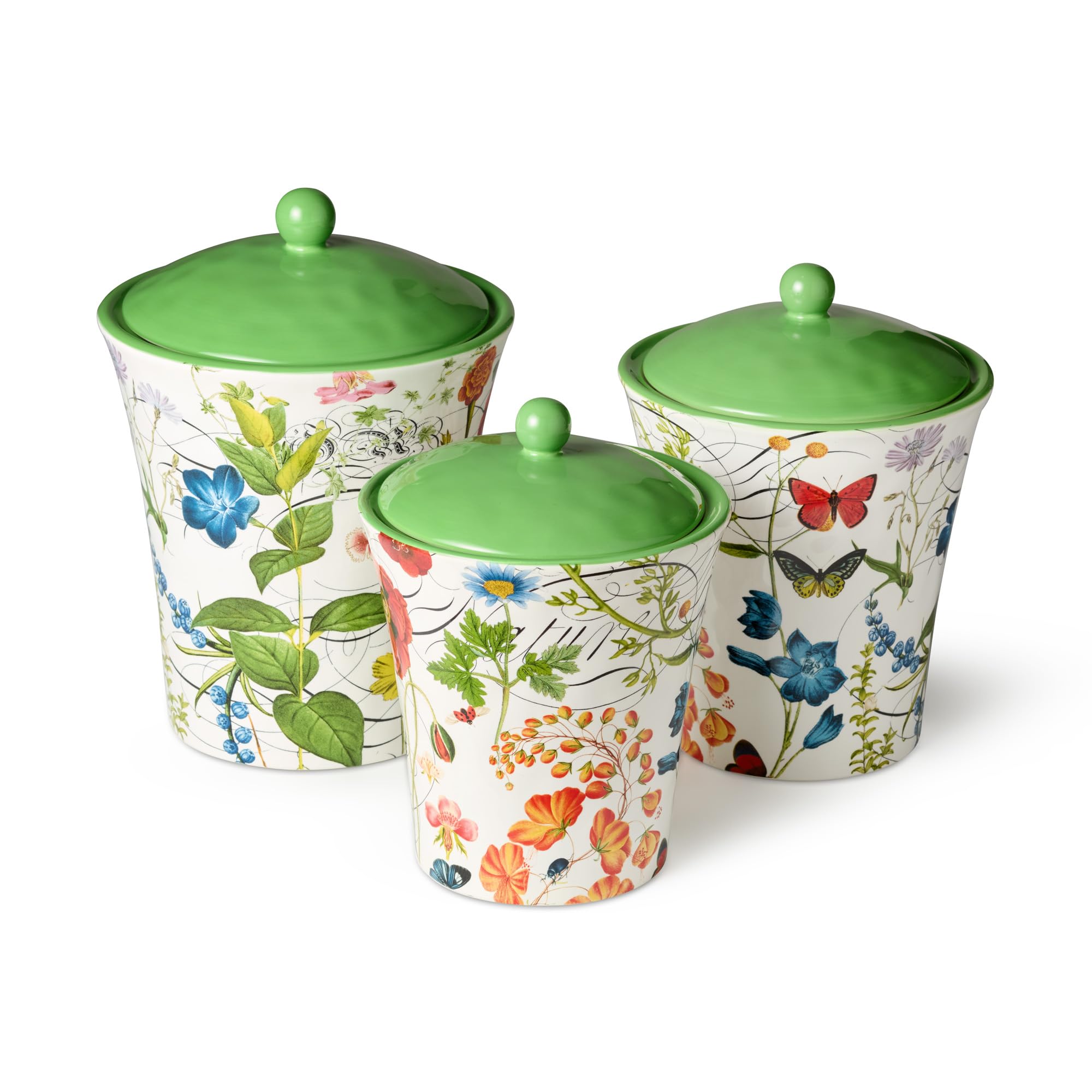 Gewächshaus-Keramikdosen-Set, 3-teilig, enthält 2,7 l, 1,8 l und 1,5 l Größen, luftdichte Deckel, lebendiges Blumenmuster mit Schmetterlingen und Libellen, perfekt für Kaffee, Tee, Zucker und