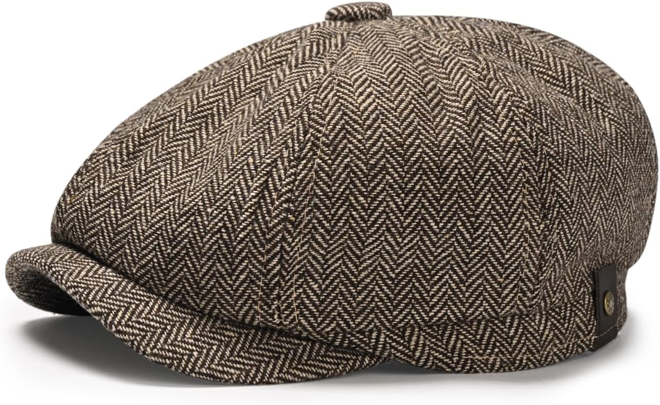 Newsboy Hats for Men Classic 8 Panel Wool Blend Newsboy Flat Cap Herringbone Tweed Hat