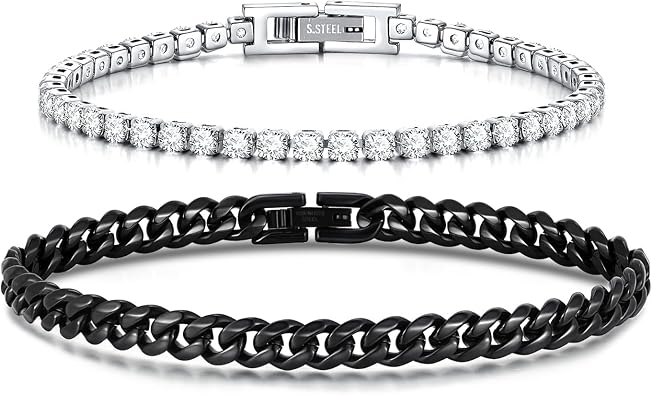 FLHEART Valentines Day Gifts for Him | Matching Couple Cubic Zirconia Classic Tennis Bracelet | Cuban Chain Bracelets Gifts for Boyfriend Husband Soulmate Girlfriend Valentine for Him Her