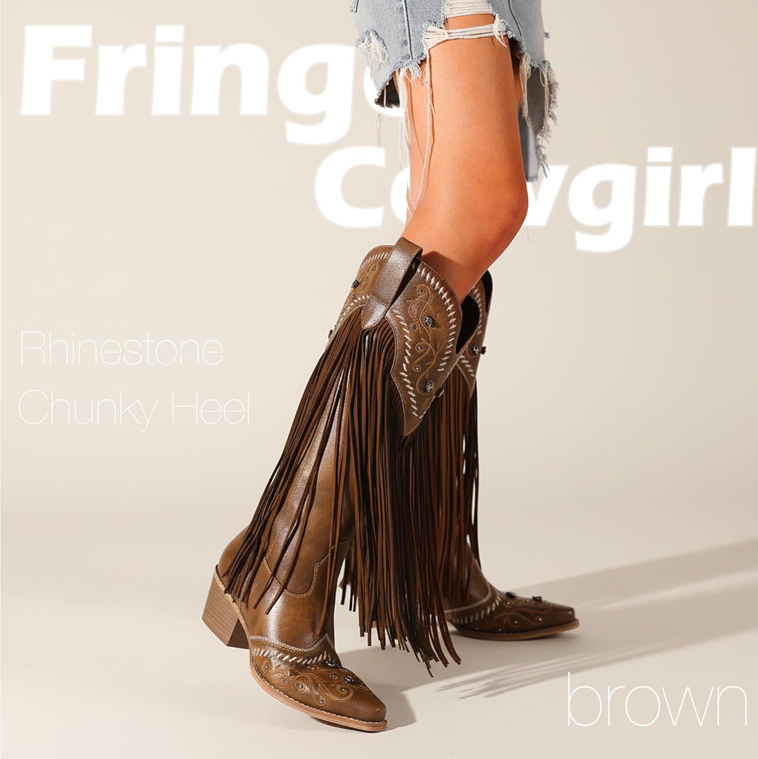 Fringe Cowboy Boots for Women Knee High Western Cowgirl Boots Sparkly Rhinestone Retro Country Boots with Embroidered Pointed Toe Chunky Heel Pull on Fashion Vintage Tall Boots