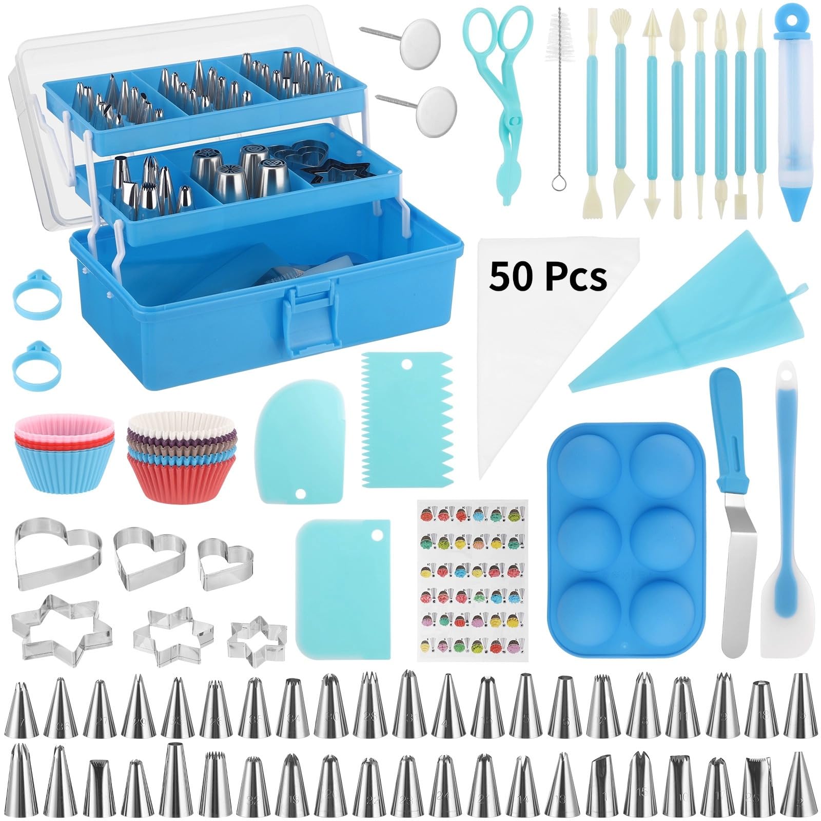 Kit de décoration de gâteau 236 pièces avec boîte de rangement 3 niveaux, outils de pâtisserie avec douilles, poches à douille réutilisables, racloirs et coupleurs pour cupcakes et desserts
