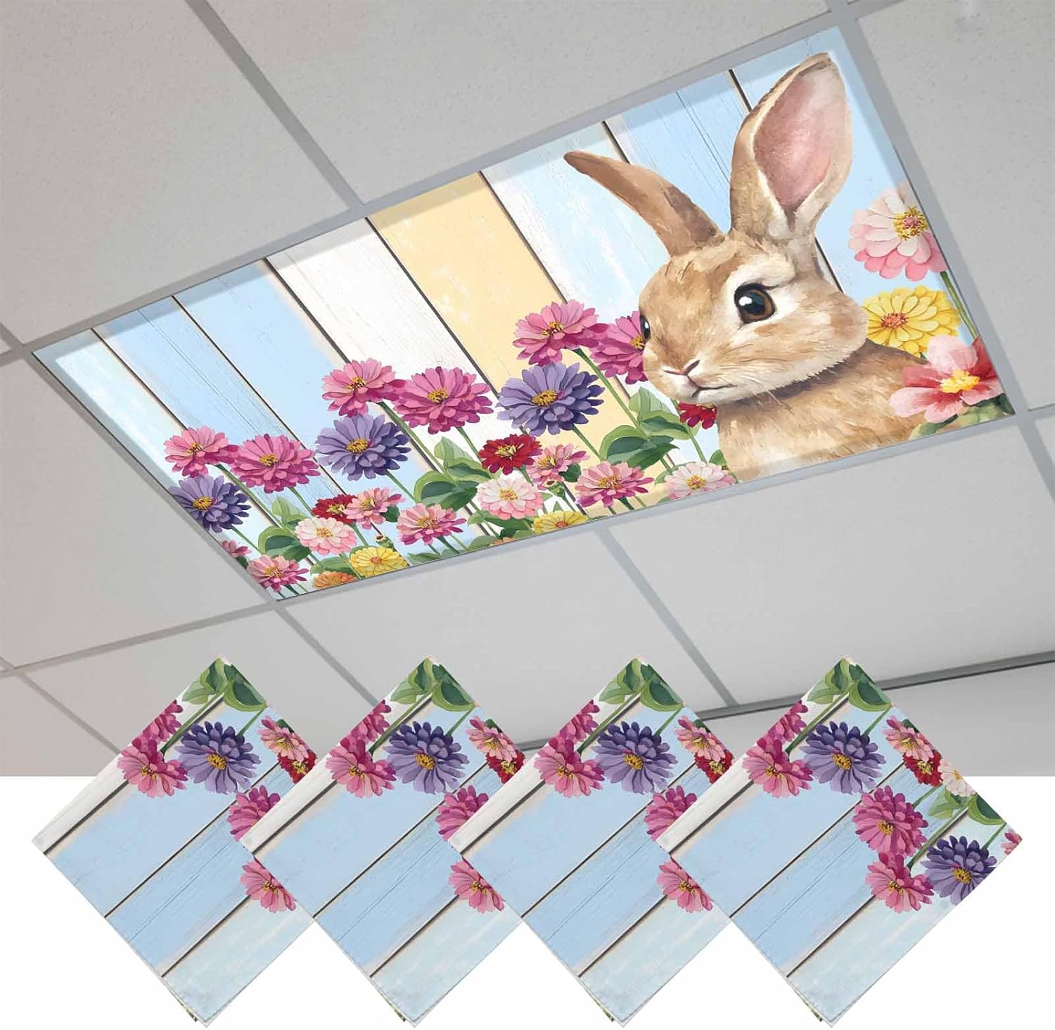 2x4 ft Fluorescent Light Cover for Ceiling Spring Easter Bunny Magnetic Light Filters, Farm Floral on Blue Wood Board Ceiling Lampshades for Home School Office 4Pcs
