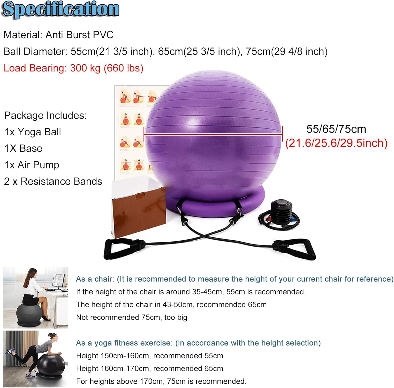 55cm 65cm 75cm Sitting Ball Chair for Office Home Desk, Yoga Ball Fitness Pilates Ball with Stability Base & Resistance Bands, Balance Fitness Ball Seat to Relieve Back Pain(Diameter 75cm(29 4/8 inch)