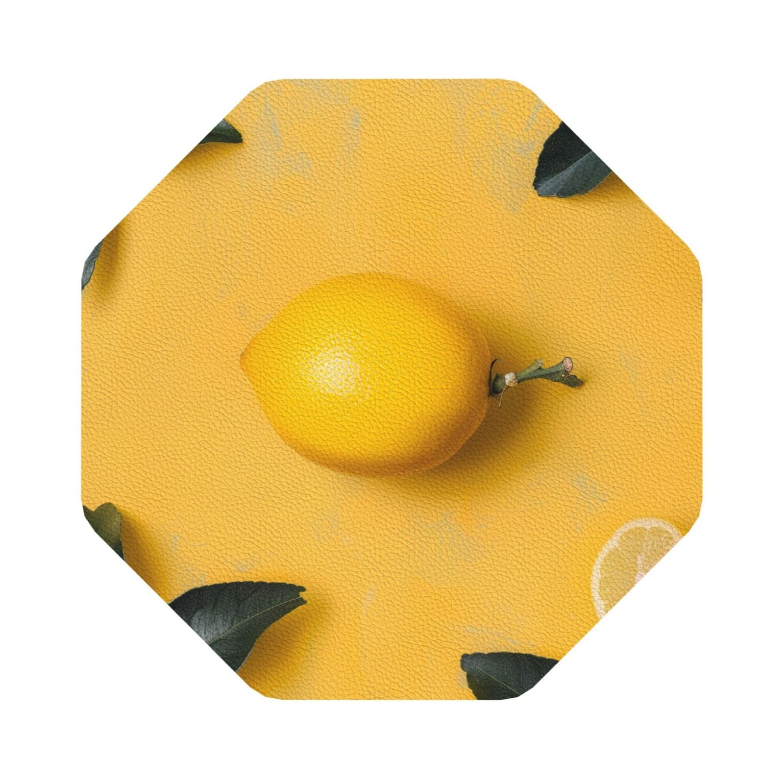 Yellow Lemon art Print Leather Coaster Set of 6, Octagon Coasters Table Decorative Coffee Cup Beverage Coasters Wine Beer Bar Coasters for Hot Drinks Table Protection
