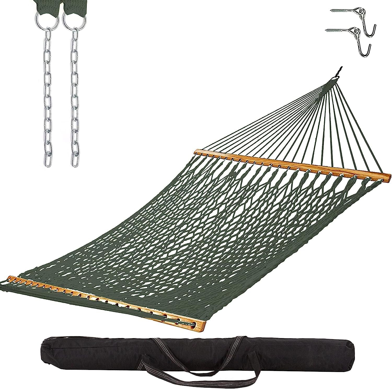 Castaway Living 13 ft. Double Traditional Hand Woven Green Polyester Rope Hammock with Free Extension Chains,Tree Hooks & Storage Bag, for 2 People with a Weight Capacity of 450 lbs.