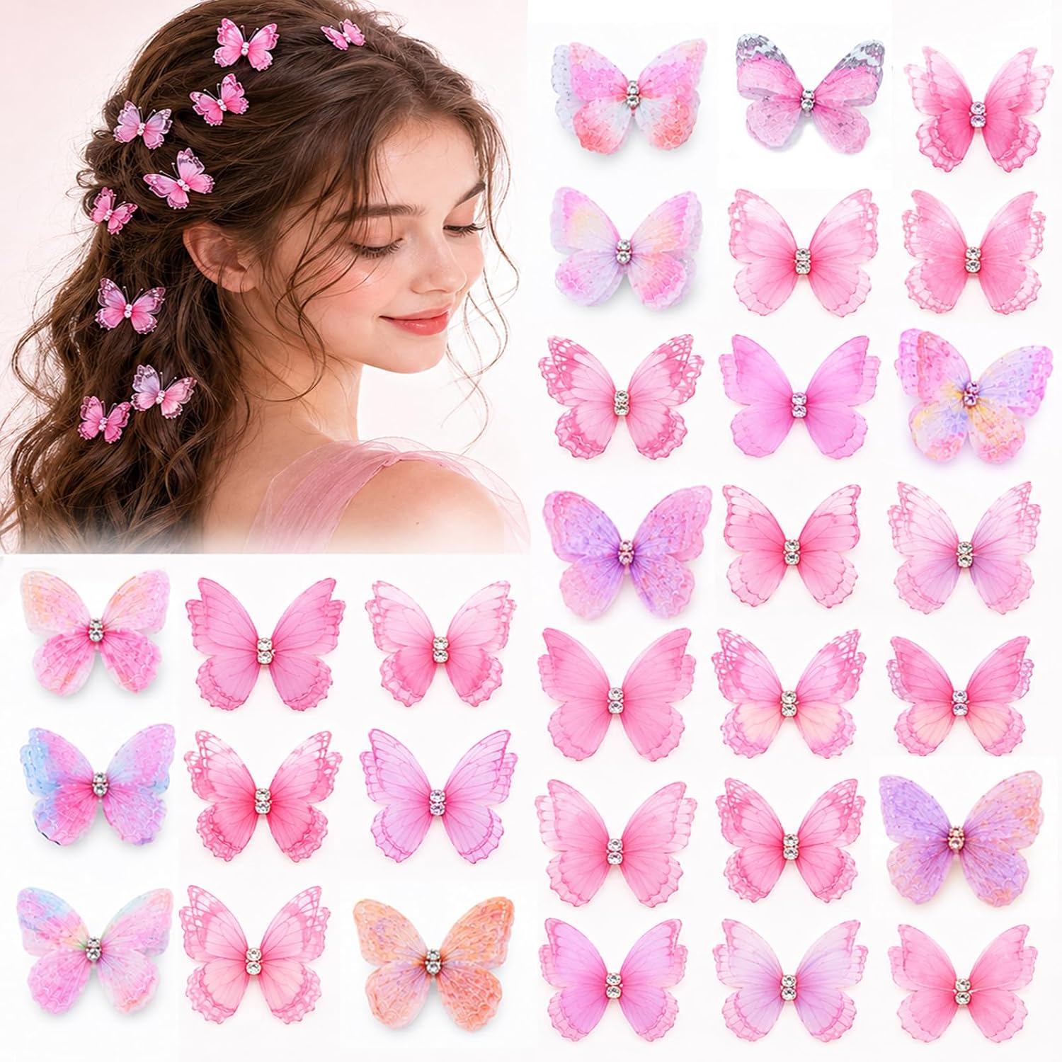 Butterfly Hair Clips 30Pcs 3D Fabric Artificial Hair Clips Colorful Y2K Set