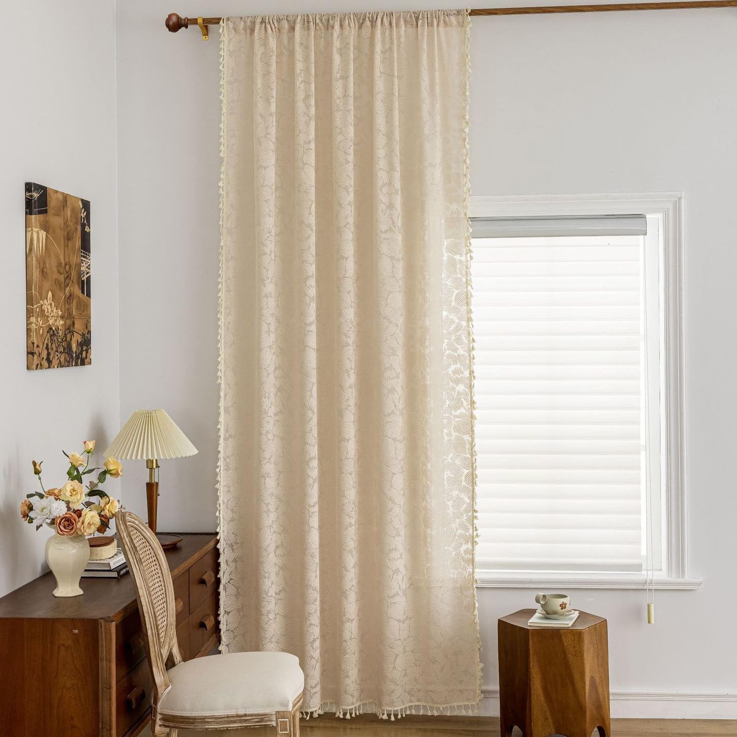 vctops Semi Sheer Window Curtain with Tassels Rustic Farmhouse Jacquard Decorative Window Treatment Rod Pocket Light Filtering Curtains Drapery for Bedroom Living Room, 1 Panel - 55"x69"