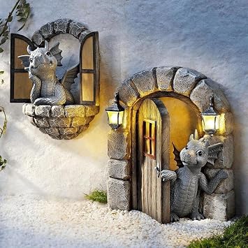 Courtyard Dragon Sculpture Wall Decoration, Weatherproof Resin Statue Miniatures, Lovely Resin Garden Dragon Statue Art Figurines Decor Ornaments for Patio Yard (Style C)